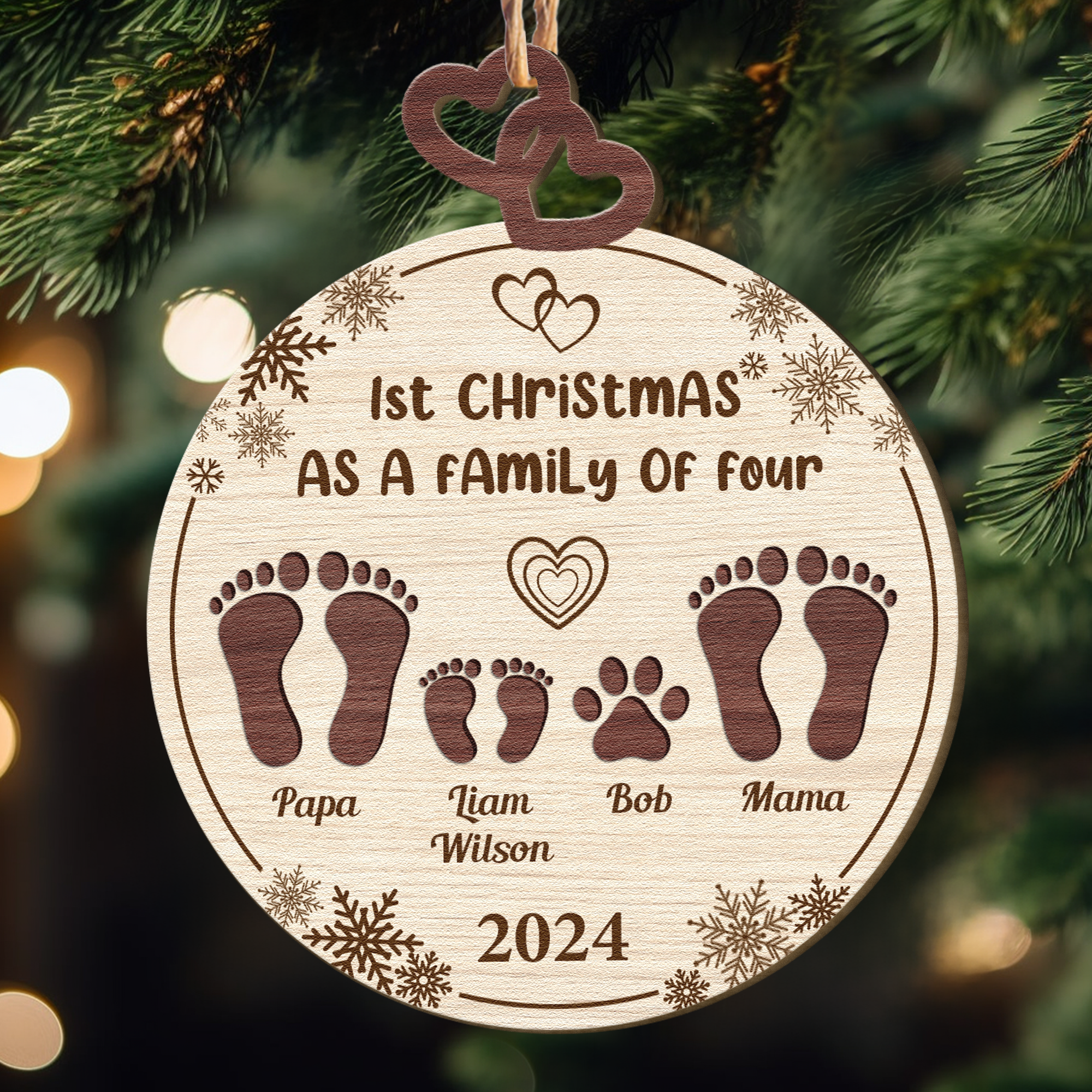 1st Christmas As A Family Of Four - Personalized Wooden Ornament