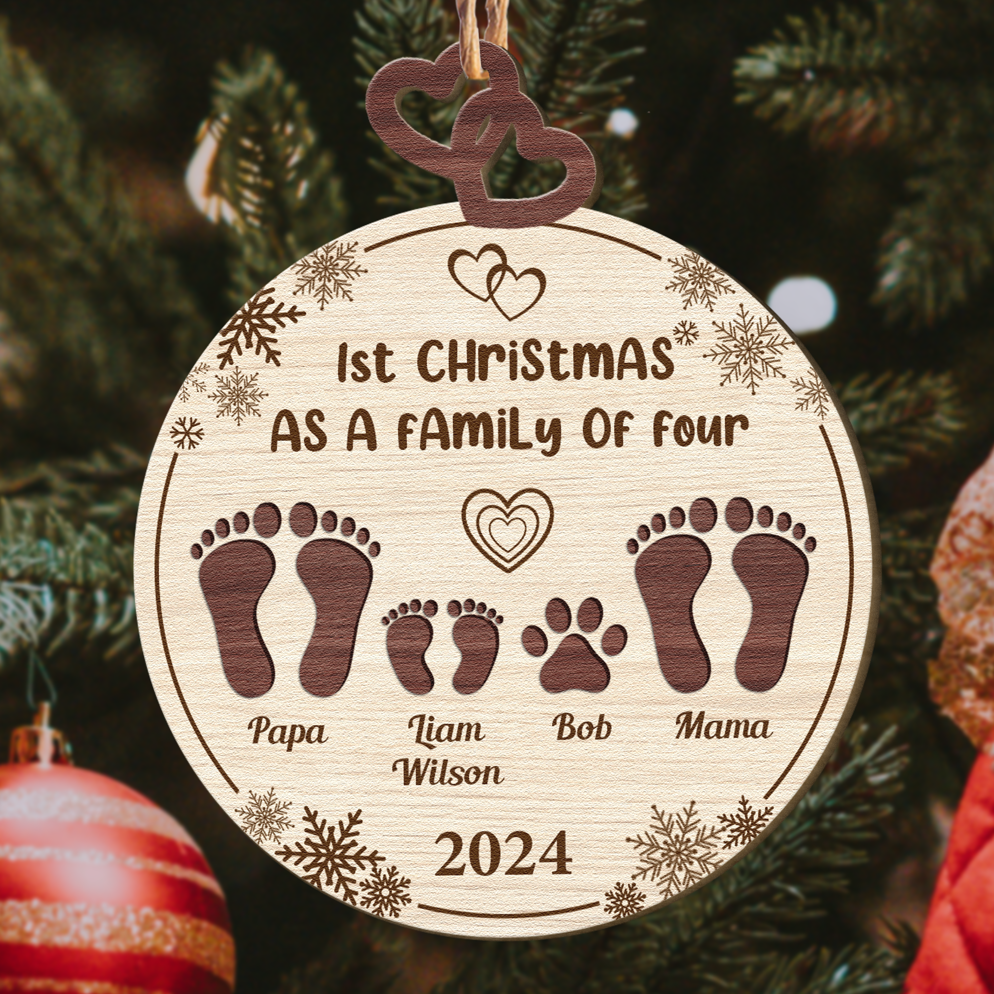 1st Christmas As A Family Of Four - Personalized Wooden Ornament