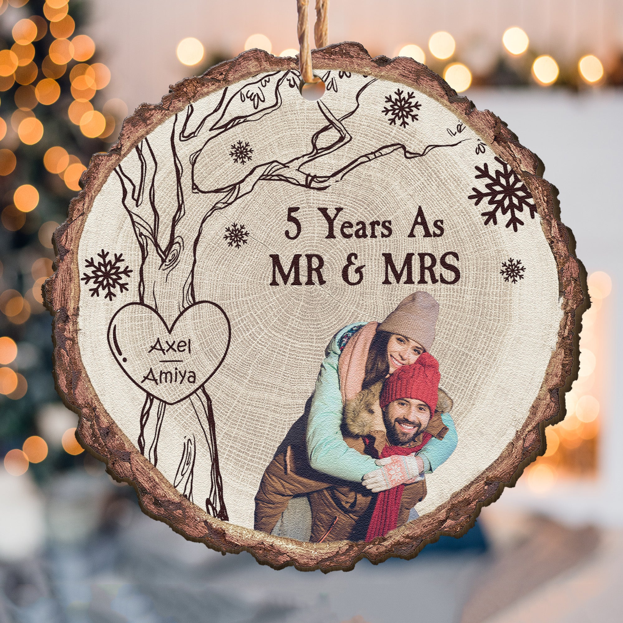 5th Anniversary As Mr & Mrs Christmas Gift - Personalized Wooden Photo Ornament