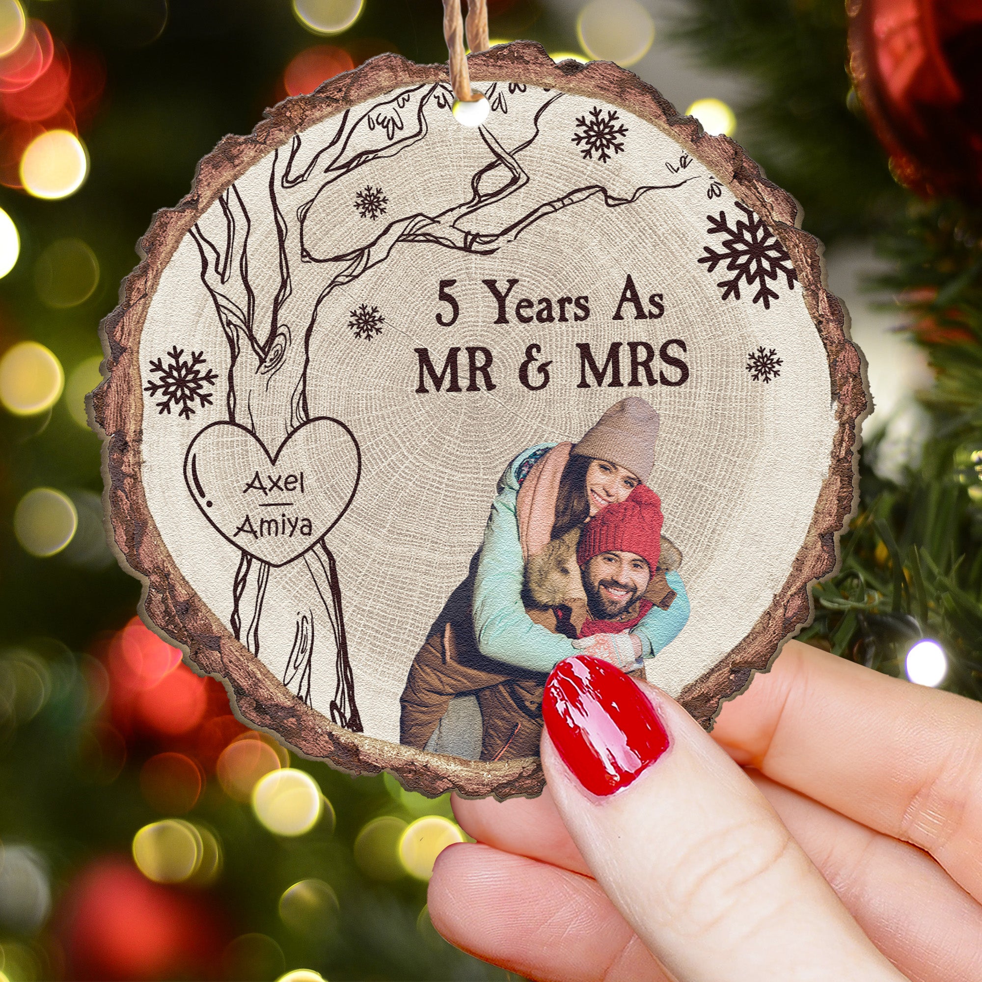 5th Anniversary As Mr & Mrs Christmas Gift - Personalized Wooden Photo Ornament