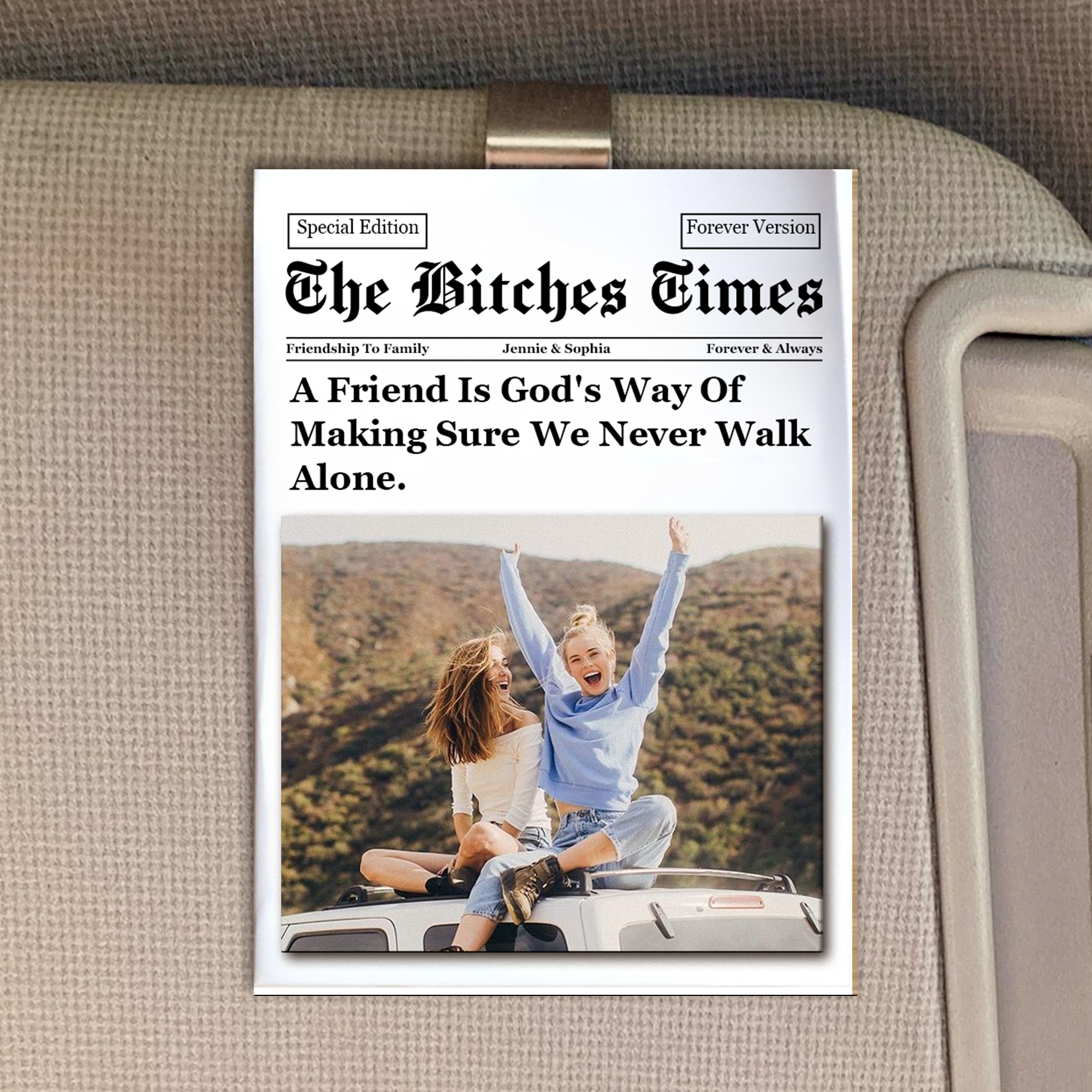 A Friend Is God's Way Of Making Sure We Never Walk Alone - Personalized Photo Wooden Car Visor Clip