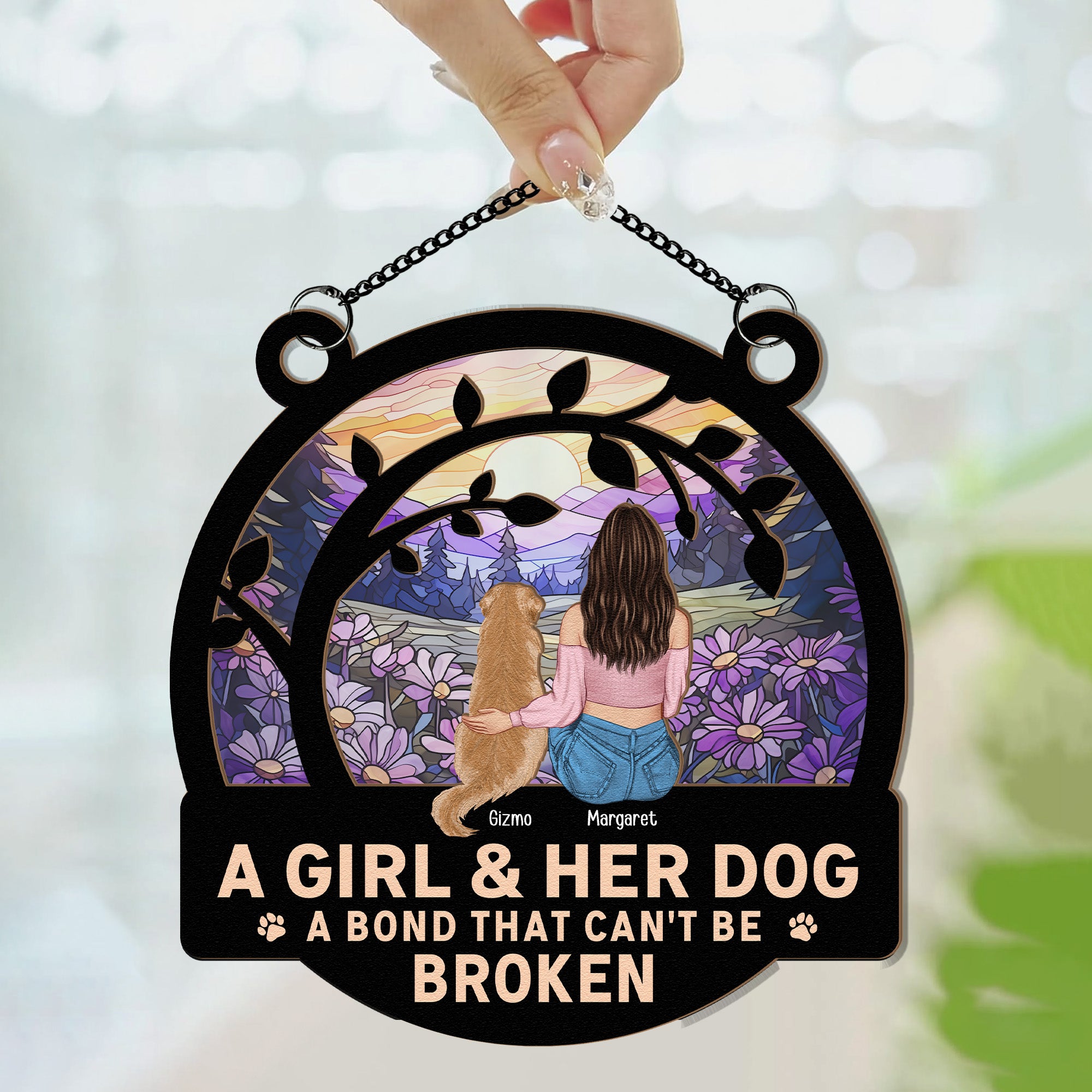 A Girl And Her Dog - Personalized Window Hanging Suncatcher Ornament