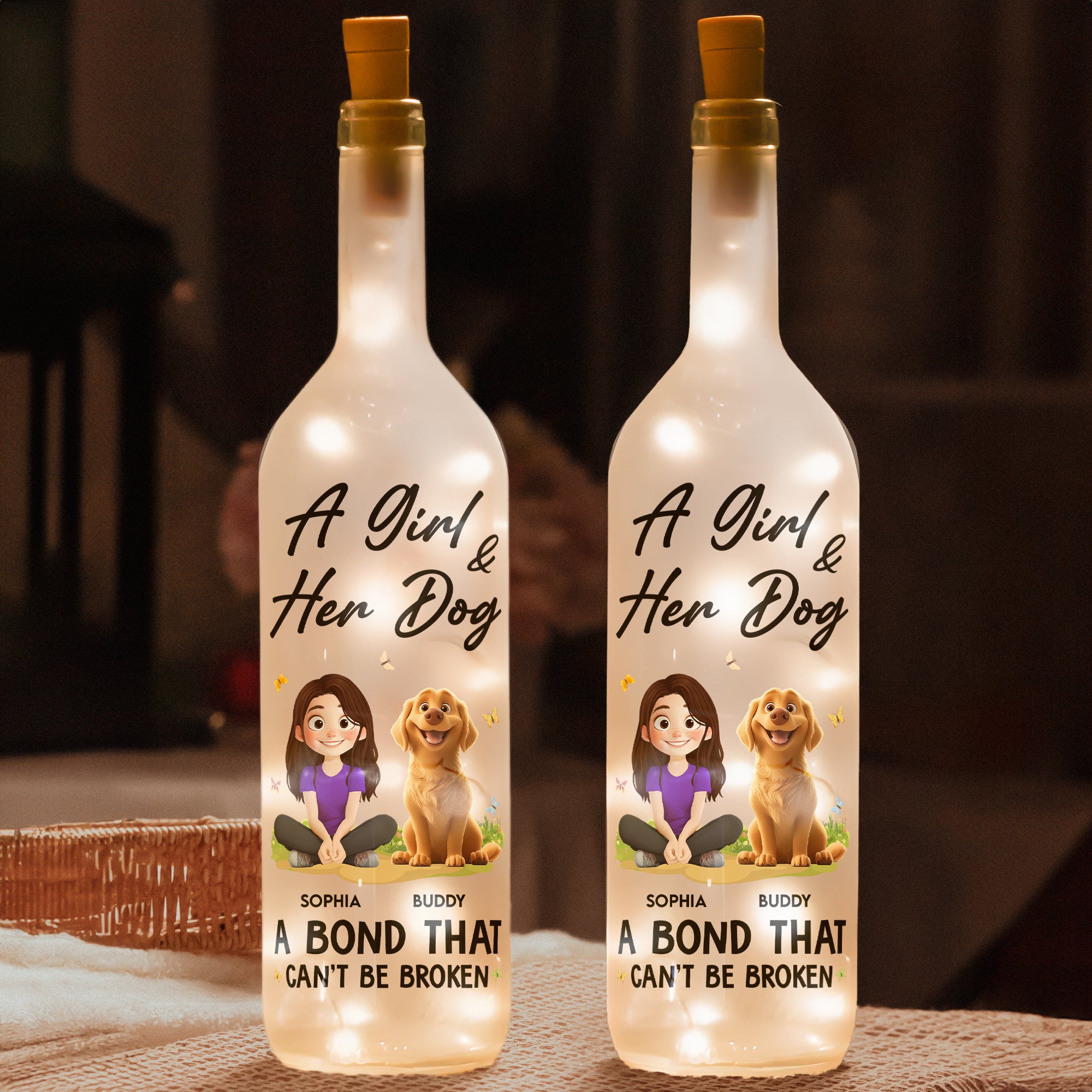 A Girl And Her Dogs - New Cartoon Pet - Personalized Bottle Lamp