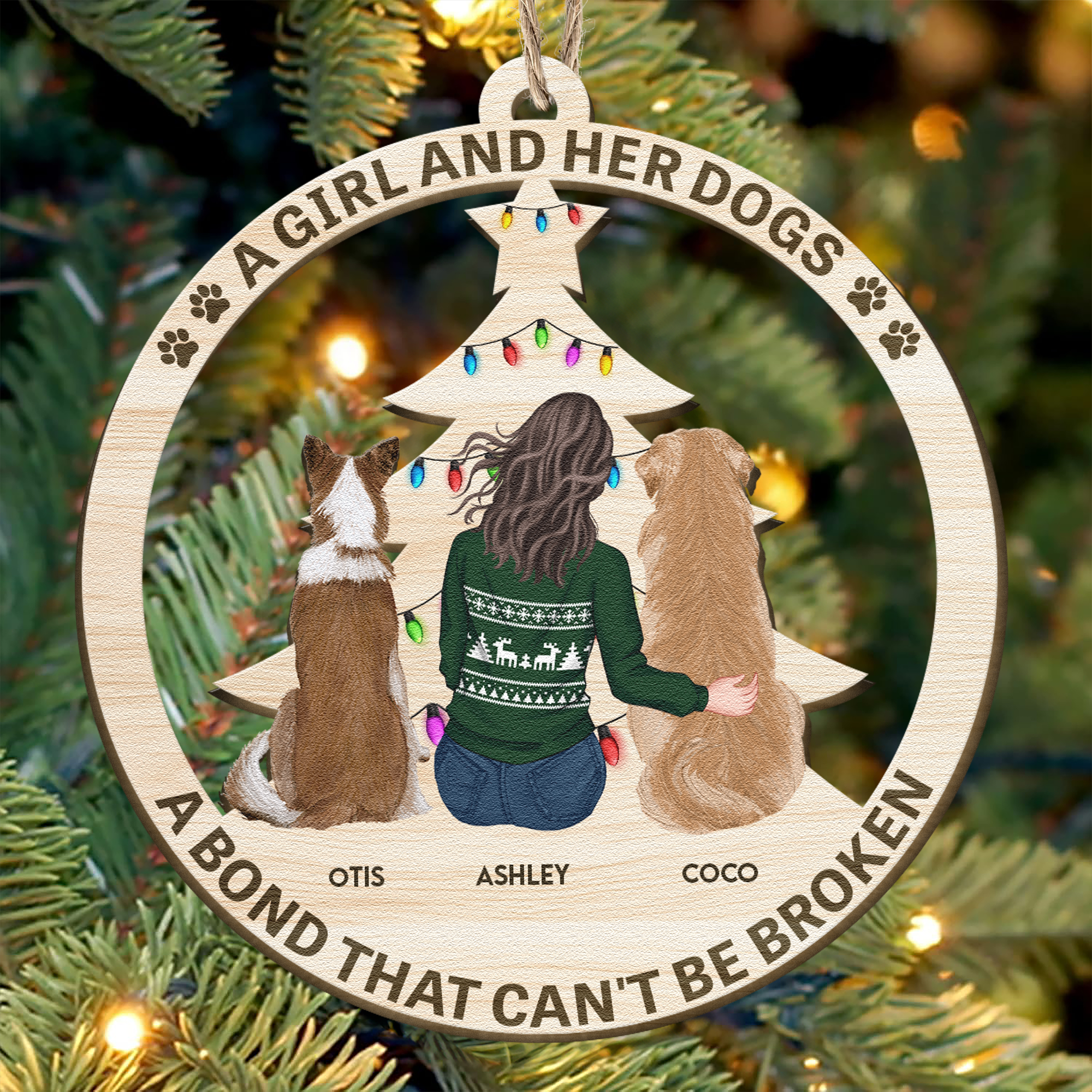 A Girl And Her Dogs - Personalized Wooden Ornament