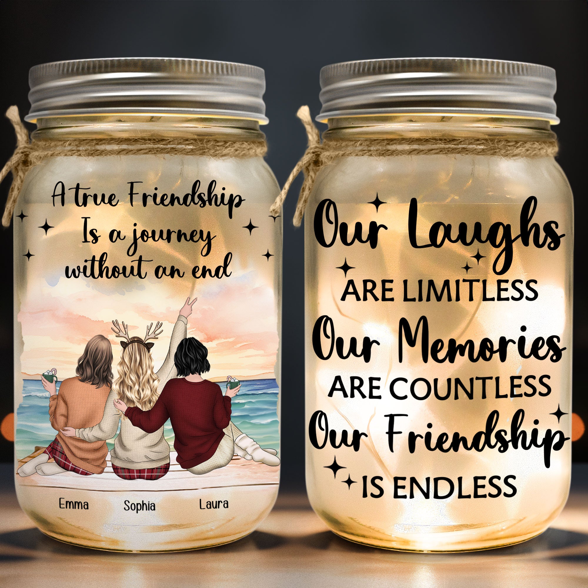 A True Friendship Is A Journey Without An End - Personalized Mason Jar Light