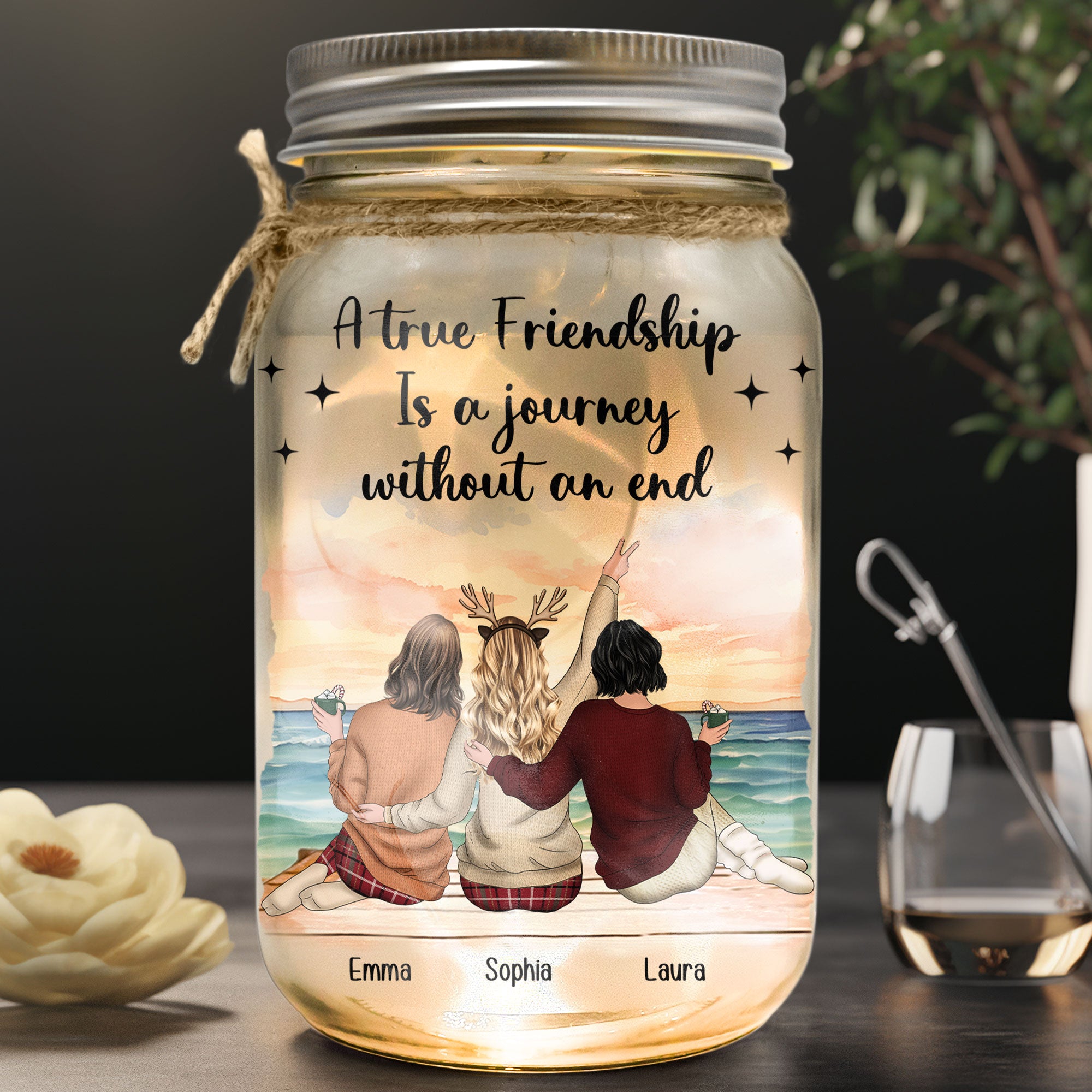 A True Friendship Is A Journey Without An End - Personalized Mason Jar Light