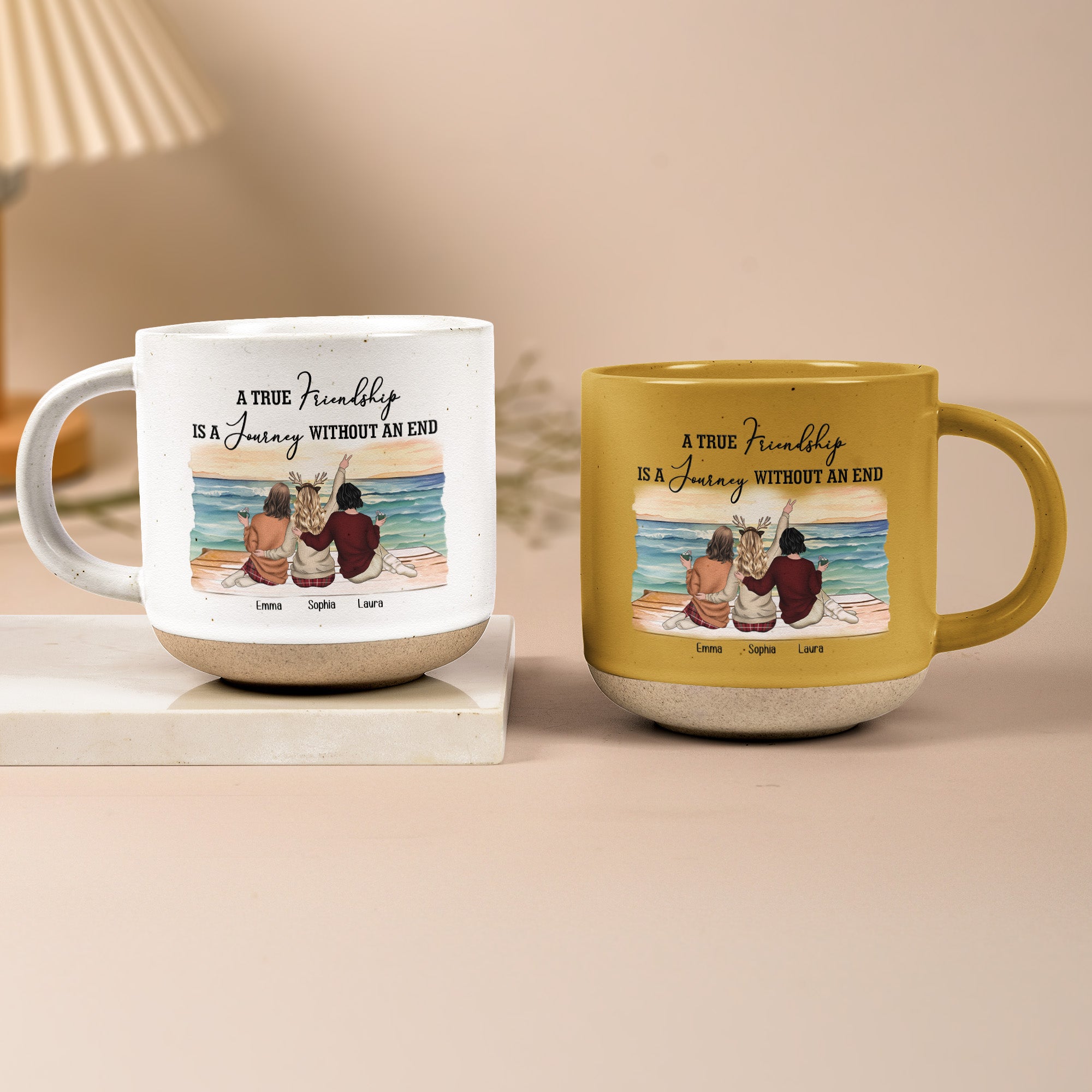 A True Friendship Is A Journey Without An End - Personalized Pottery Mug