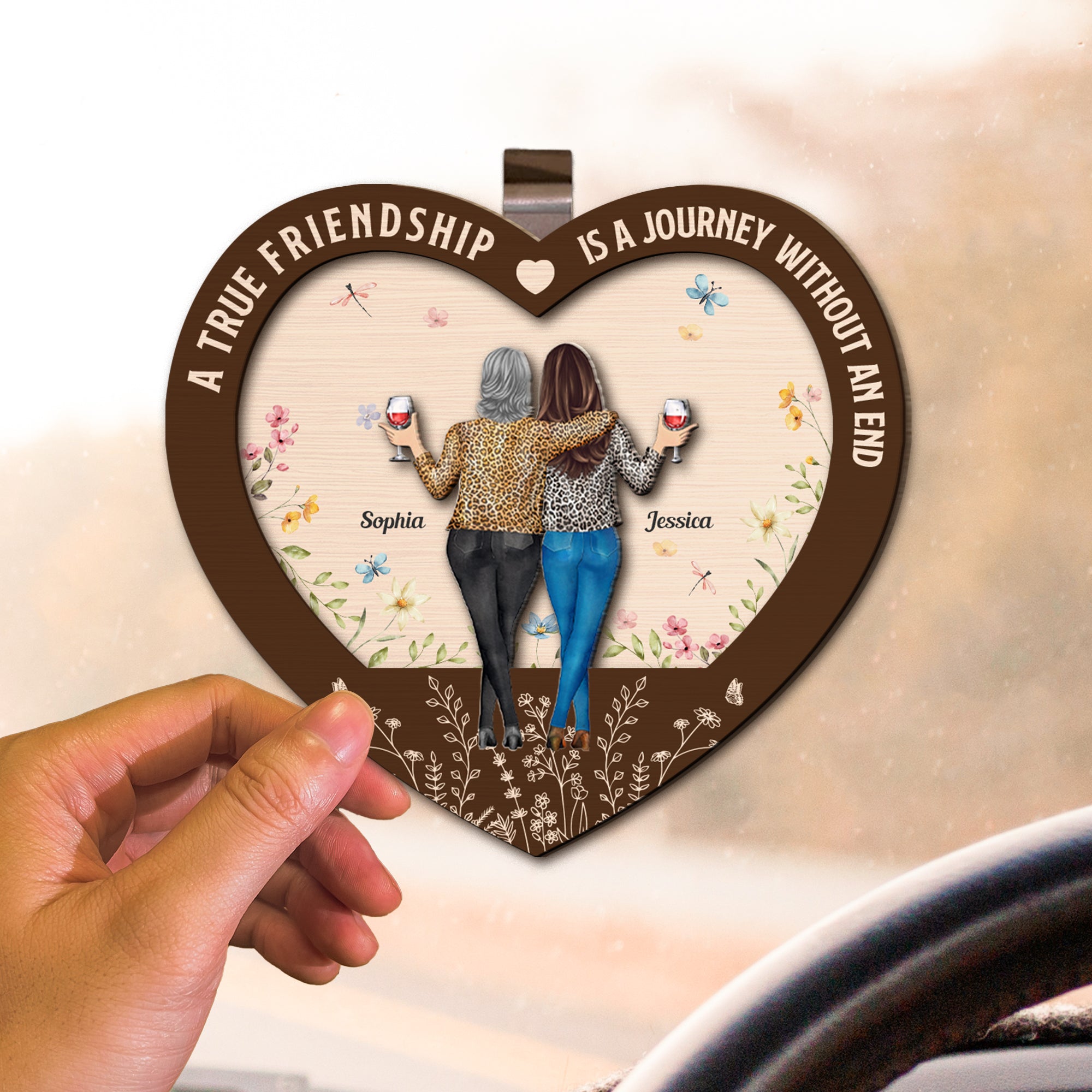 A True Friendship Is A Journey Without An End - Personalized Wooden Car Visor Clip