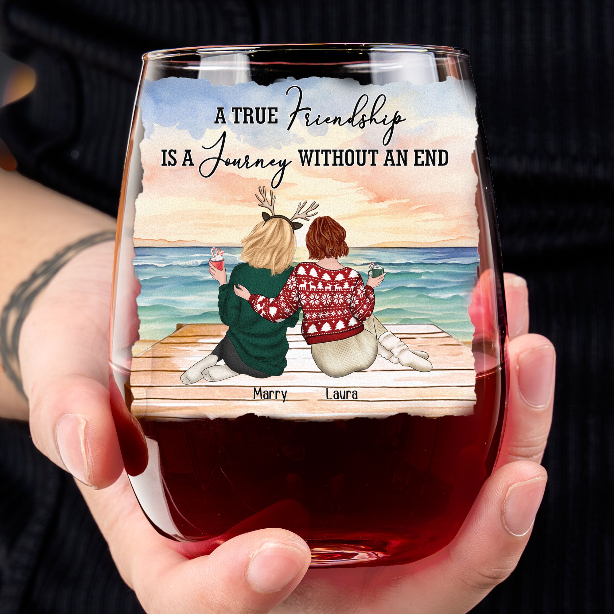 A True Friendship Is A Journey Without An End - Personalized Stemless Wine Glass