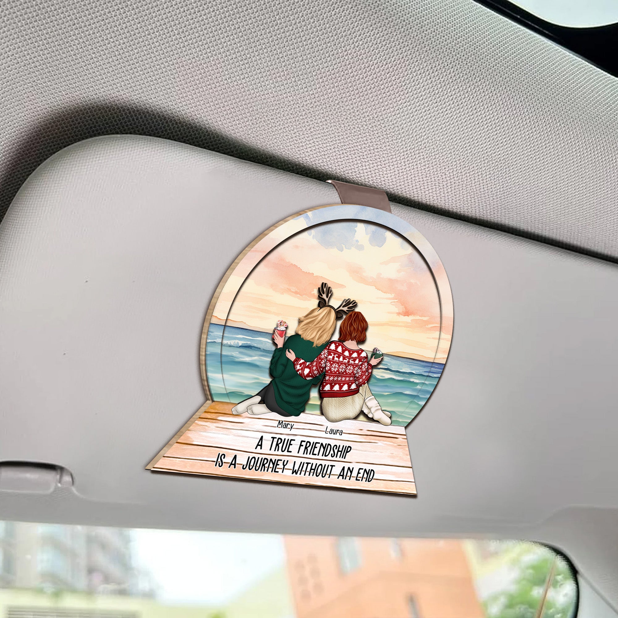 A True Friendship Is A Journey Without An End - Personalized Wooden Car Visor Clip