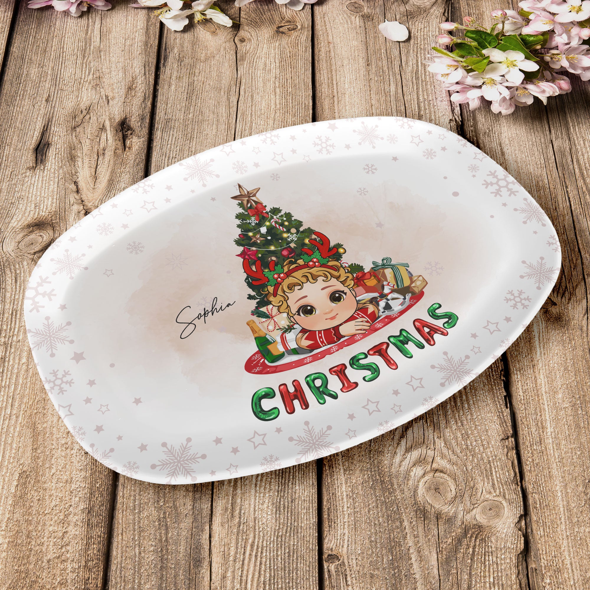 Adorable Kid With Christmas Tree - Personalized Platter