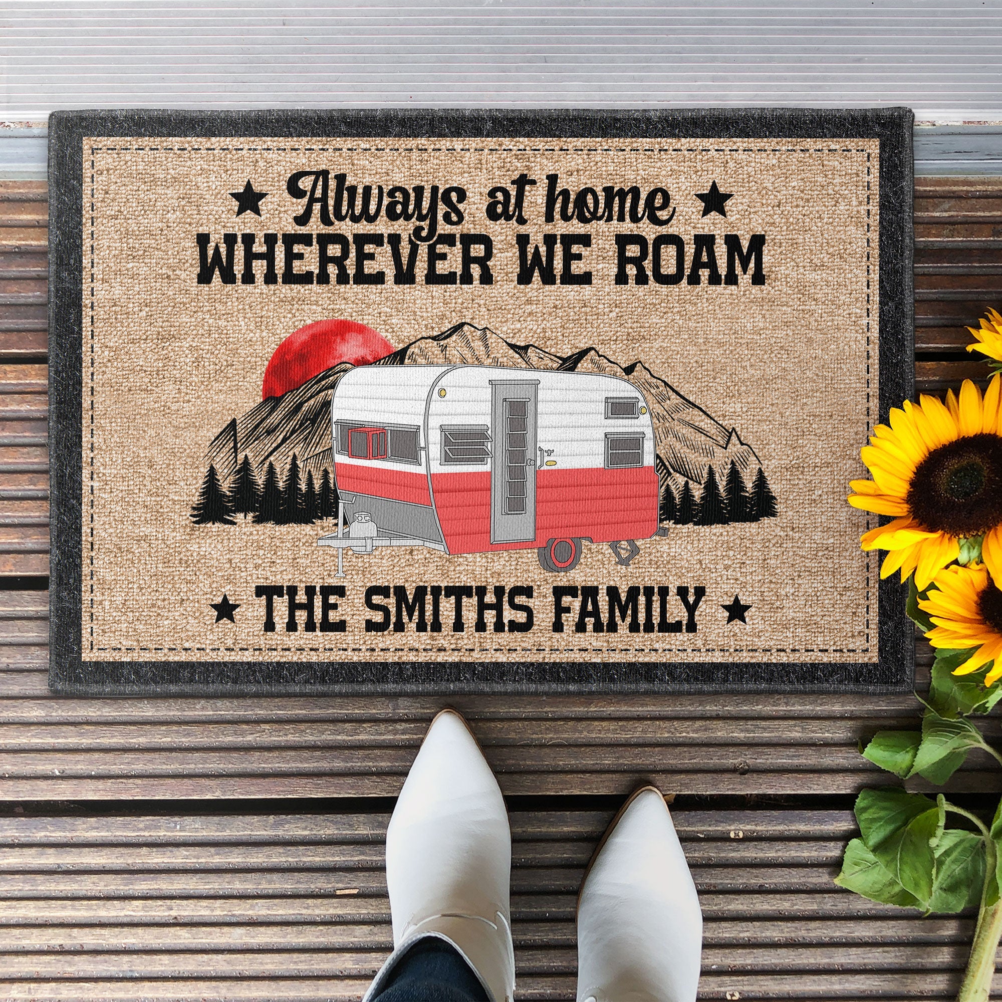 Always At Home Wherever We Roam - Personalized Doormat