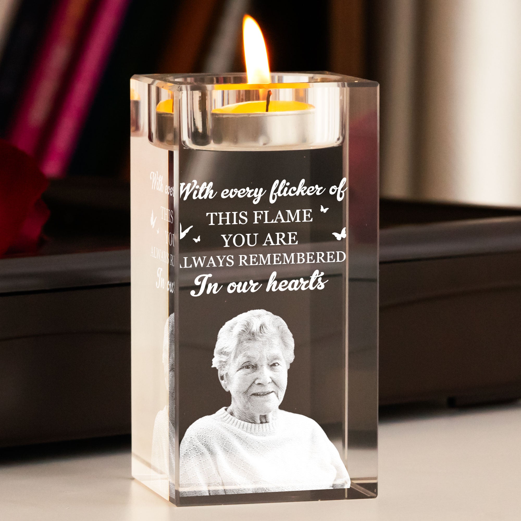 Always Remembered In Our Hearts - Personalized 3D Photo Crystal Candle Holder