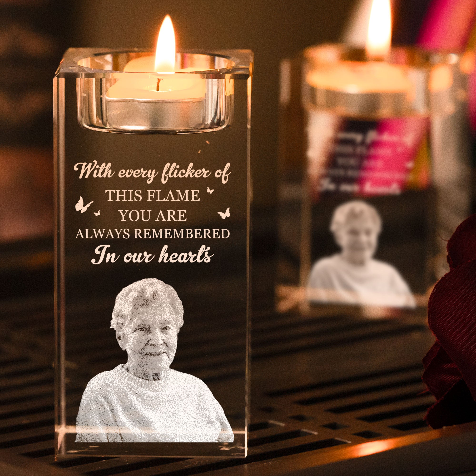 Always Remembered In Our Hearts - Personalized 3D Photo Crystal Candle Holder