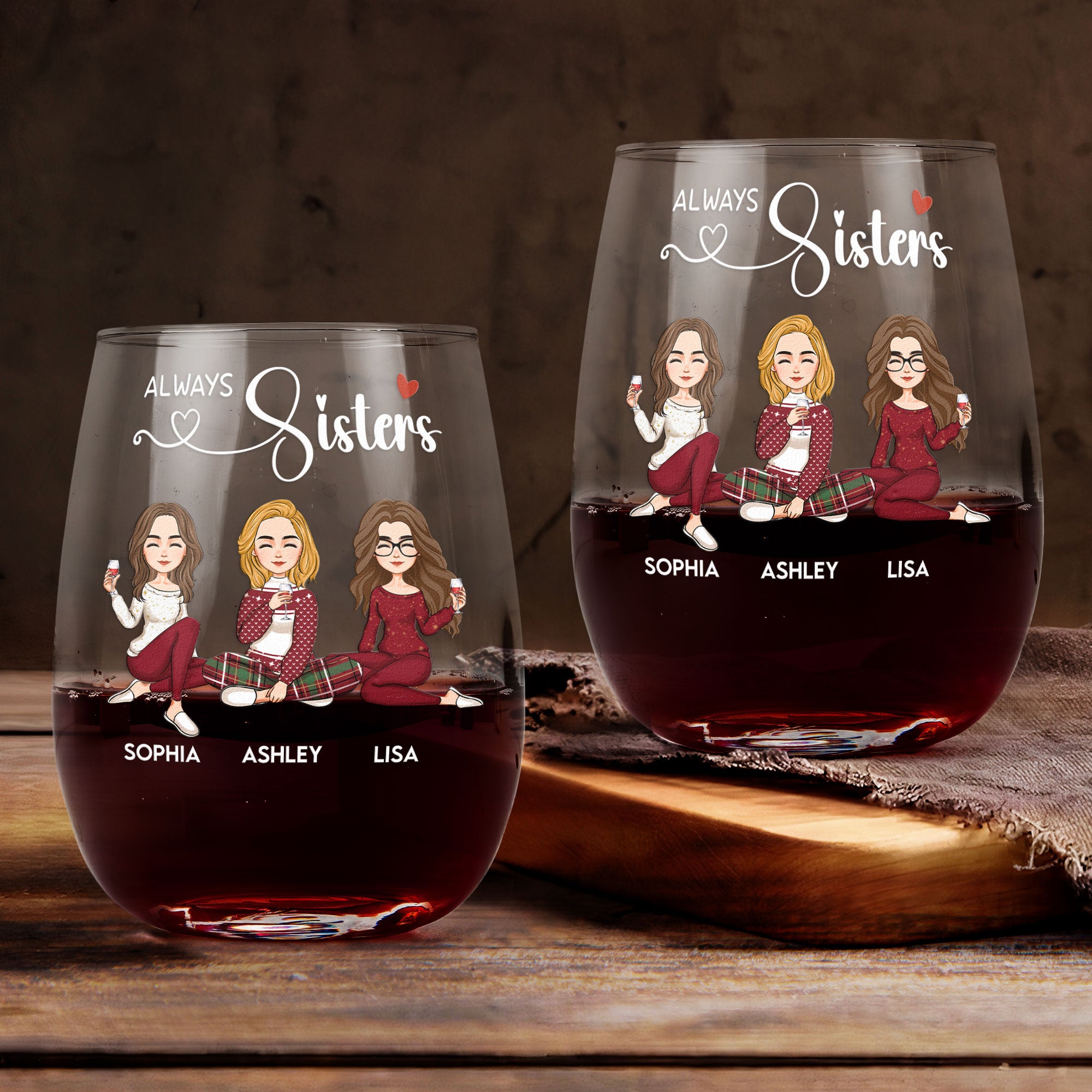 Always Sisters - Personalized Stemless Wine Glass