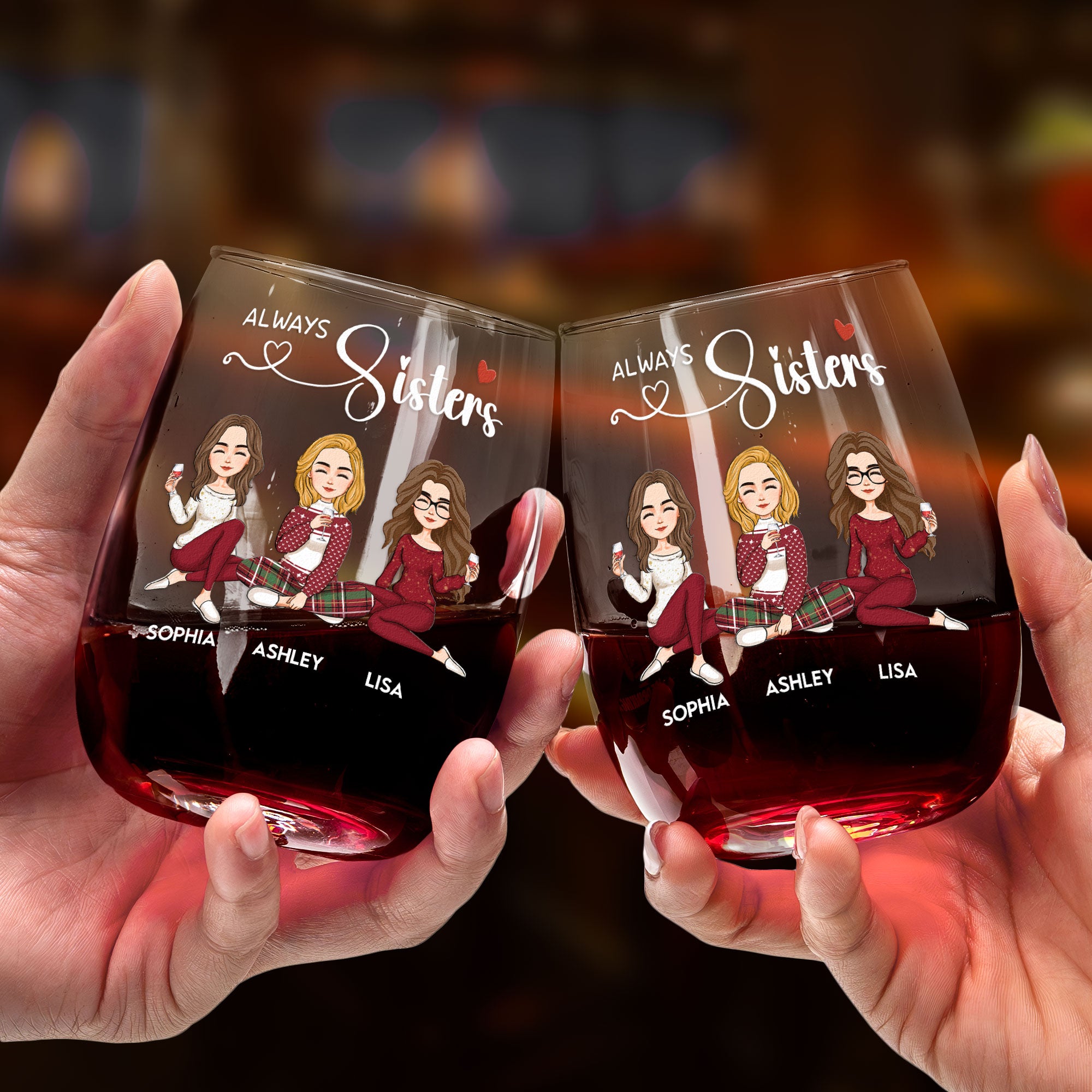 Always Sisters - Personalized Stemless Wine Glass