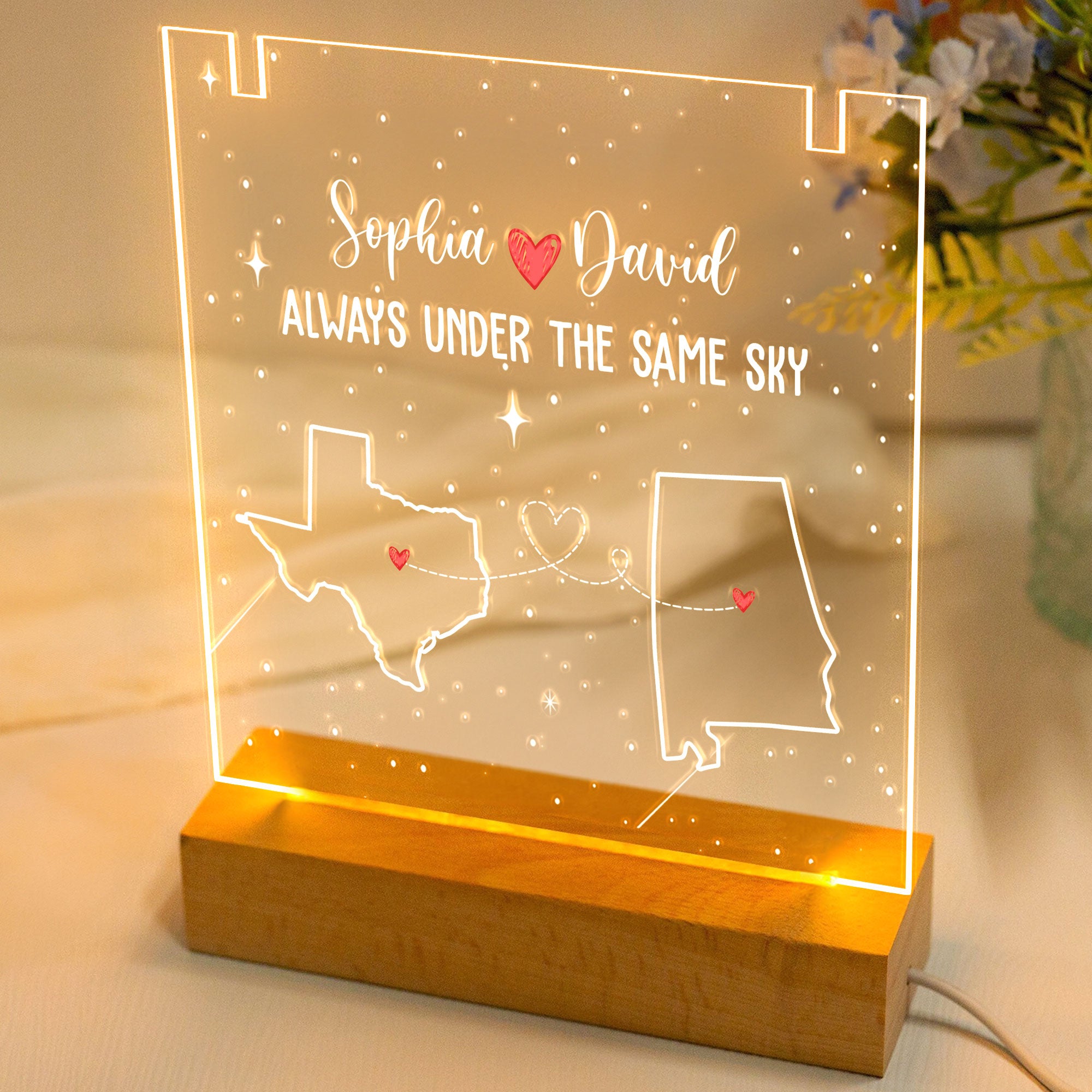 Always Under The Same Sky - Personalized LED Light Acrylic Plaque With Couple Necklace