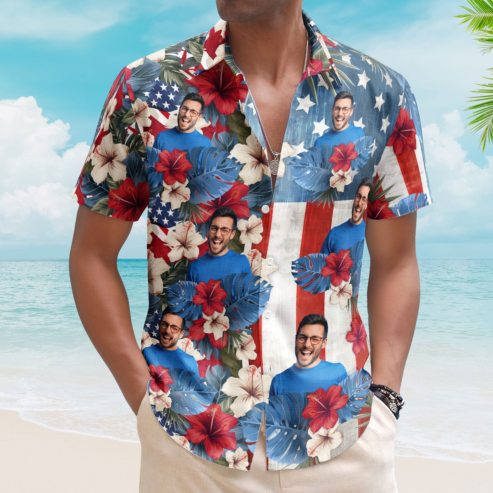 American Flag Tropical Independence Day Vintage Aloha - Custom Photo Hawaiian Shirts