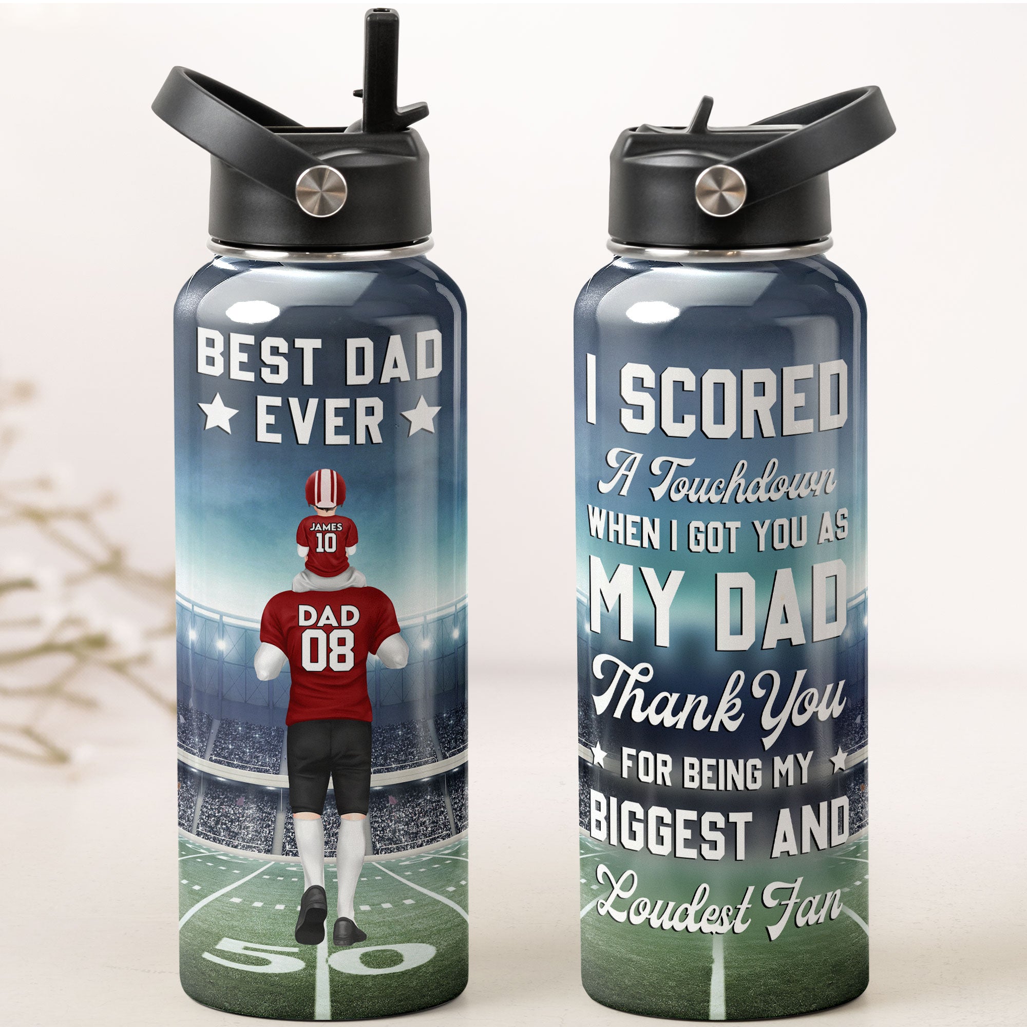 American Football Best Dad Ever - Personalized Stainless Steel Water Bottle