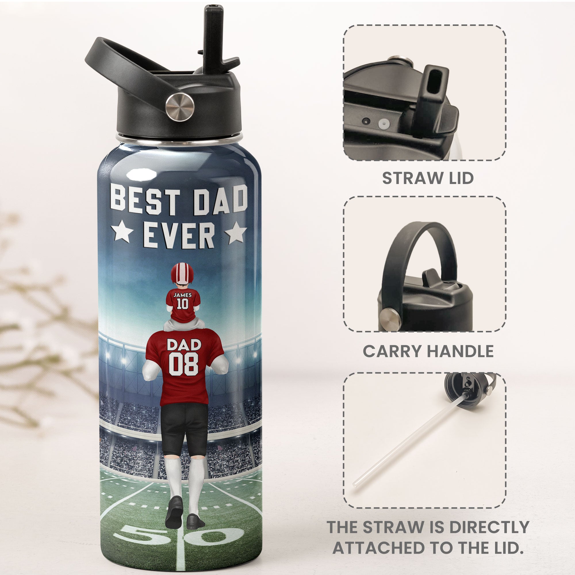 American Football Best Dad Ever - Personalized Stainless Steel Water Bottle