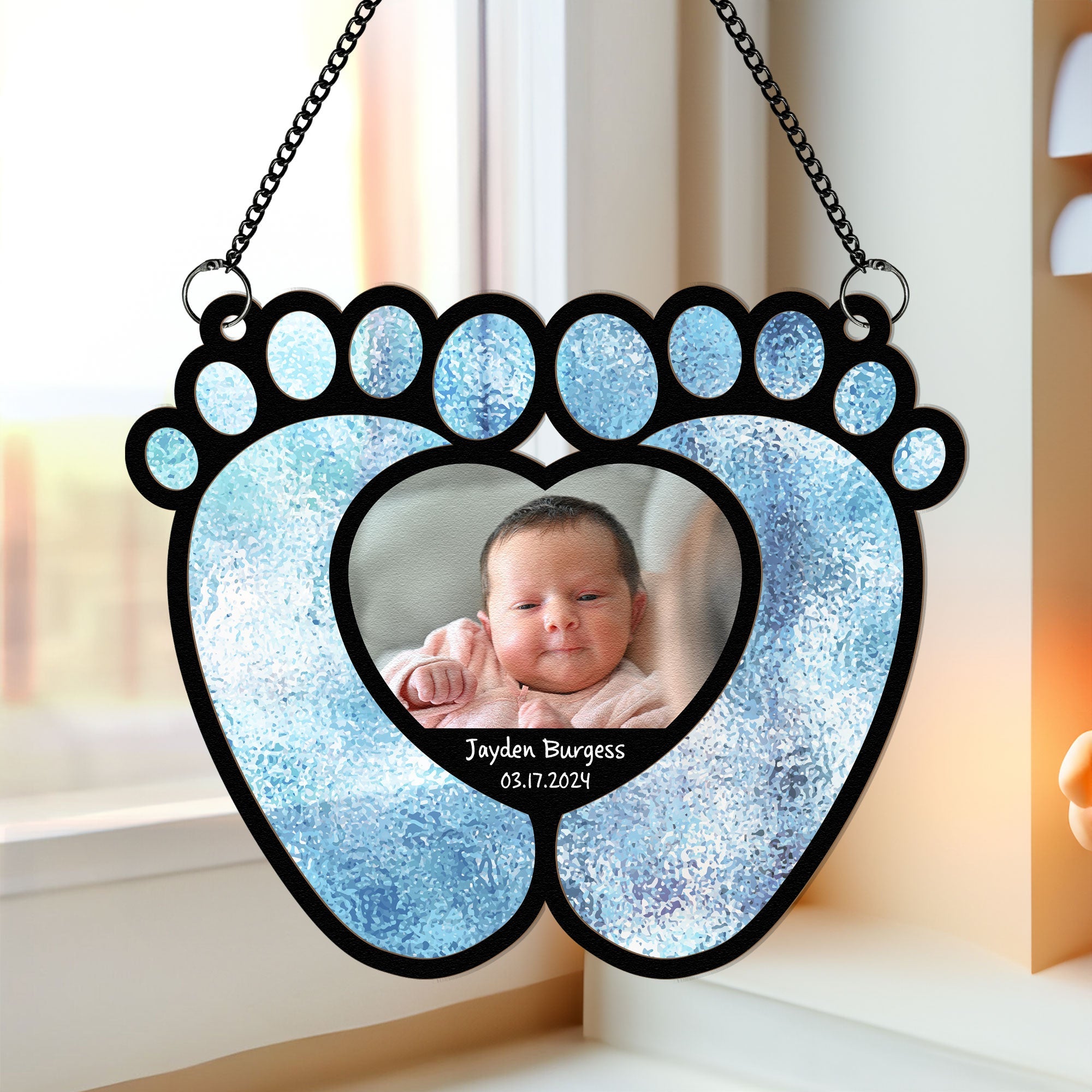 Baby Feet With Love Heart - Personalized Window Hanging Suncatcher Photo Ornament