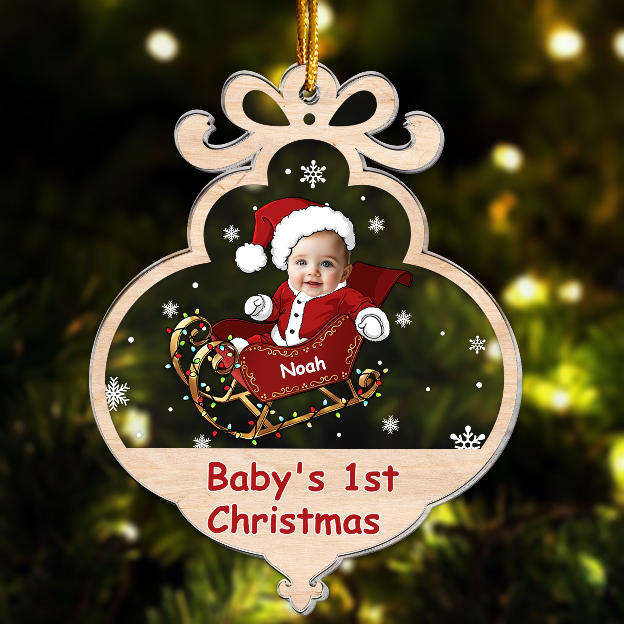 Baby First Christmas With Adorable Santa Sleigh - Personalized Acrylic Photo Ornament