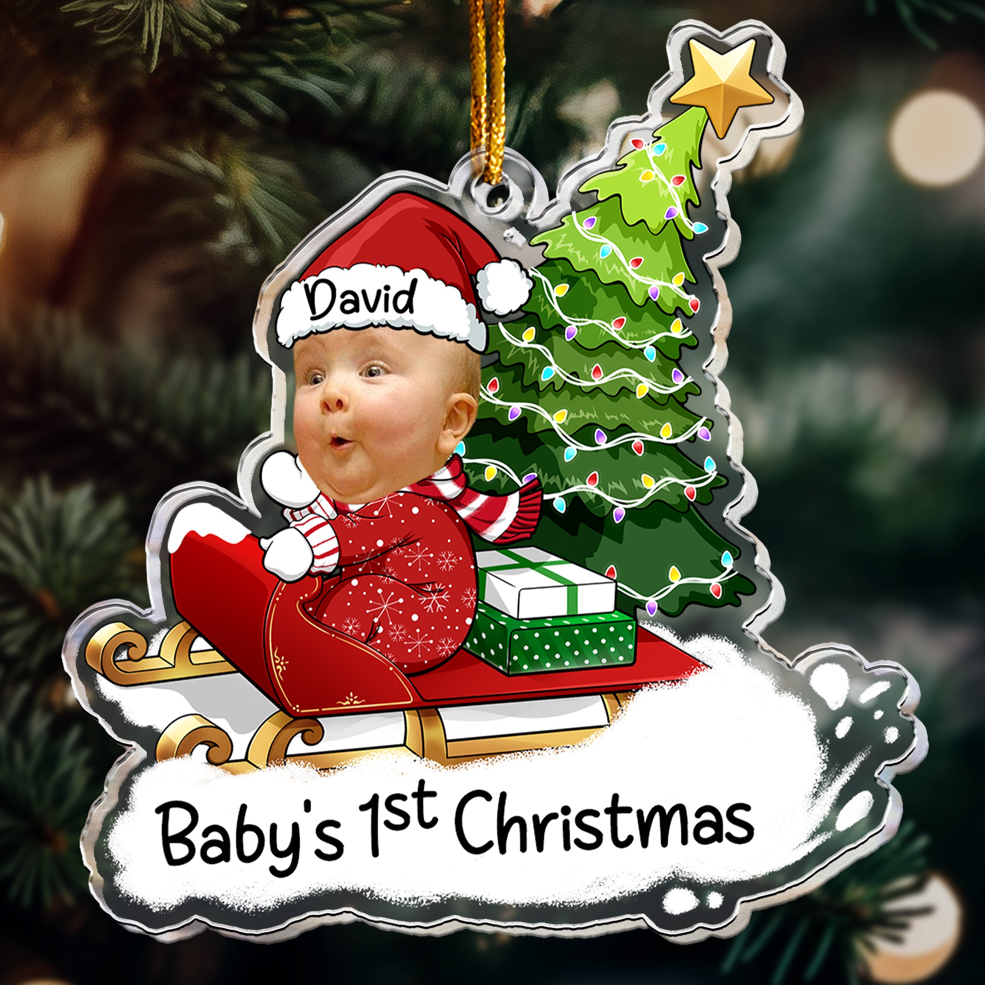 Baby's 1st Christmas Sled - Gifts For 1st, 2nd, 3rd Xmas Kid - Personalized Acrylic Photo Ornament