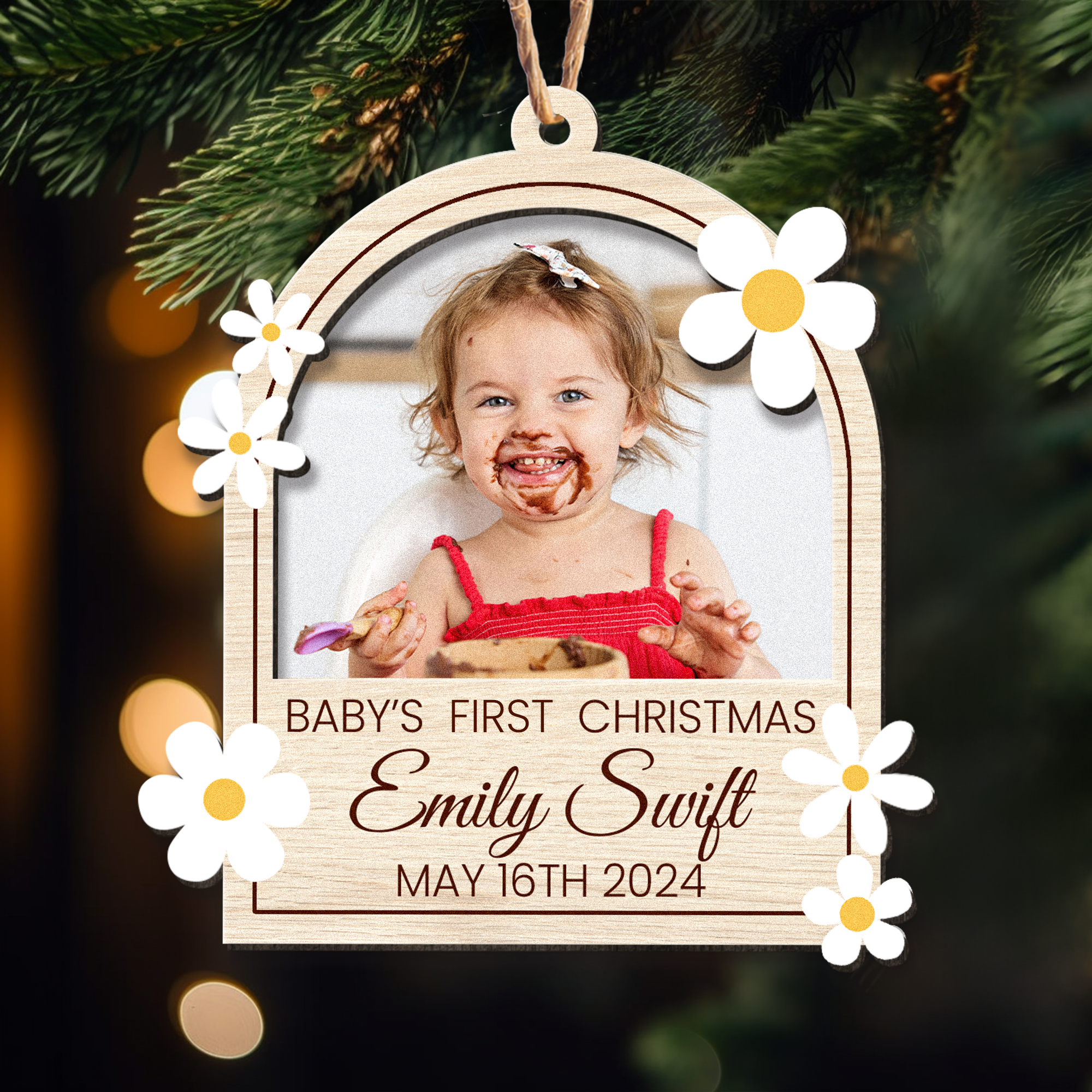 Baby's First Christmas With Flowers - Personalized Wooden Photo Ornament