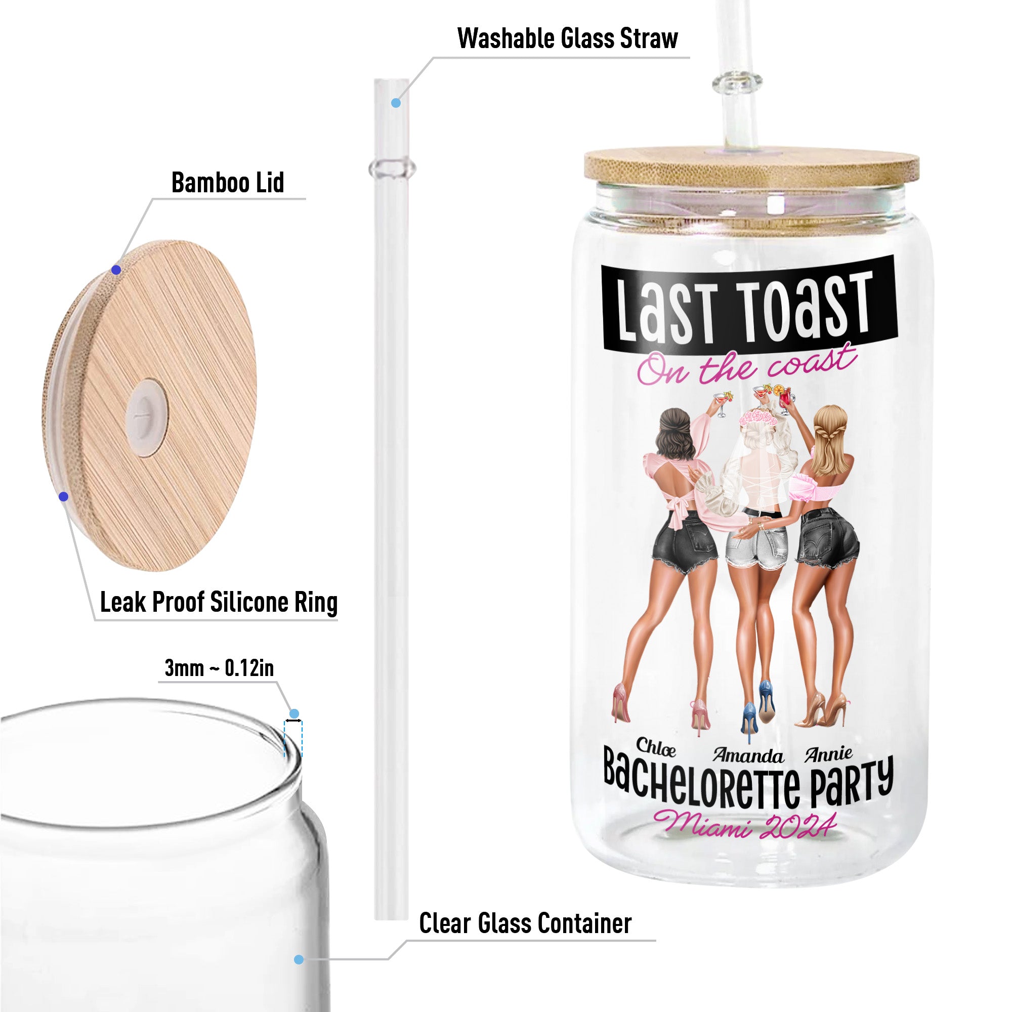 Bachelorette Party Gift Last Toast On The Coast - Personalized Clear Glass Cup