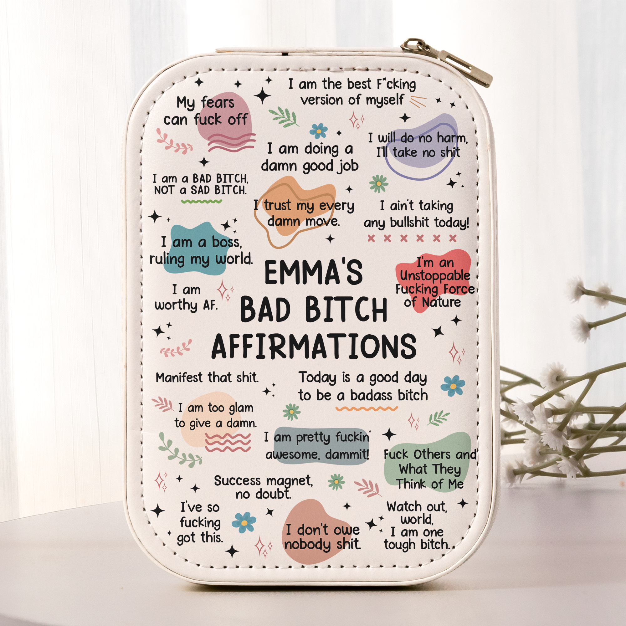 Bad B*tch Affirmations - For Daughter, Friends, Self Gift - Custom Makeup Box With LED Mirror