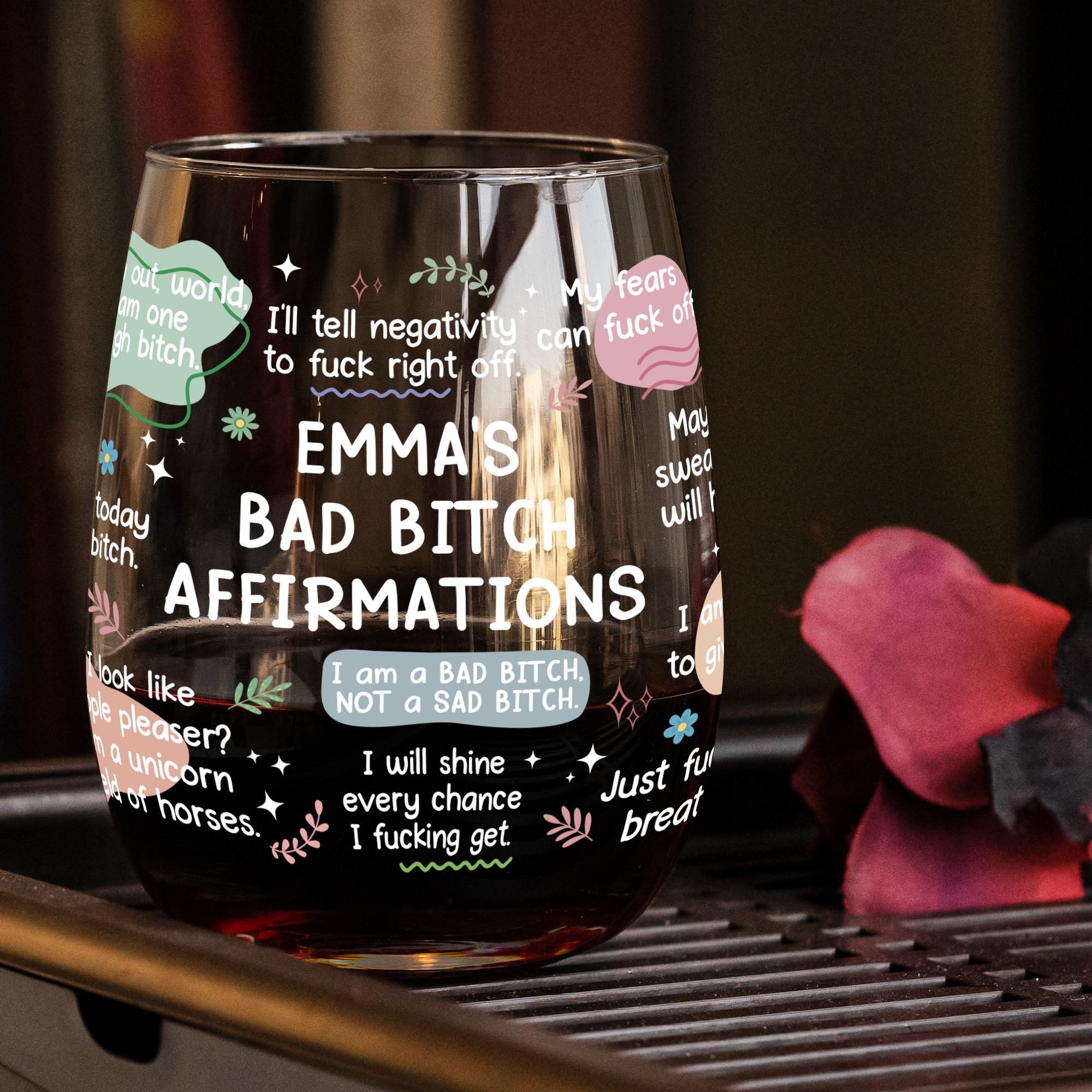 Bad B*Tch Affirmations - Funny Gifts For Coworkers, Friends, Self Gift - Personalized Stemless Wine Glass