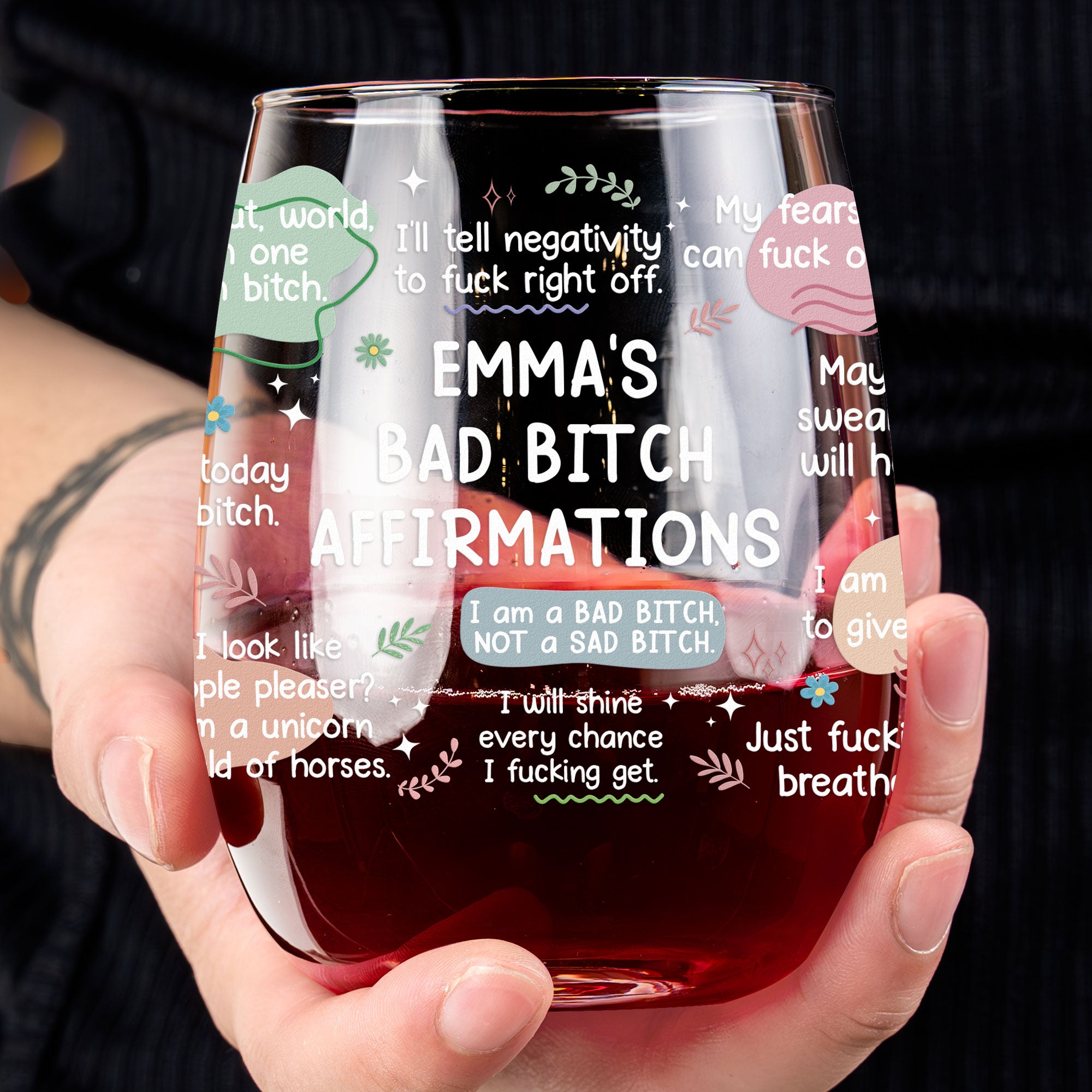 Bad B*Tch Affirmations - Funny Gifts For Coworkers, Friends, Self Gift - Personalized Stemless Wine Glass