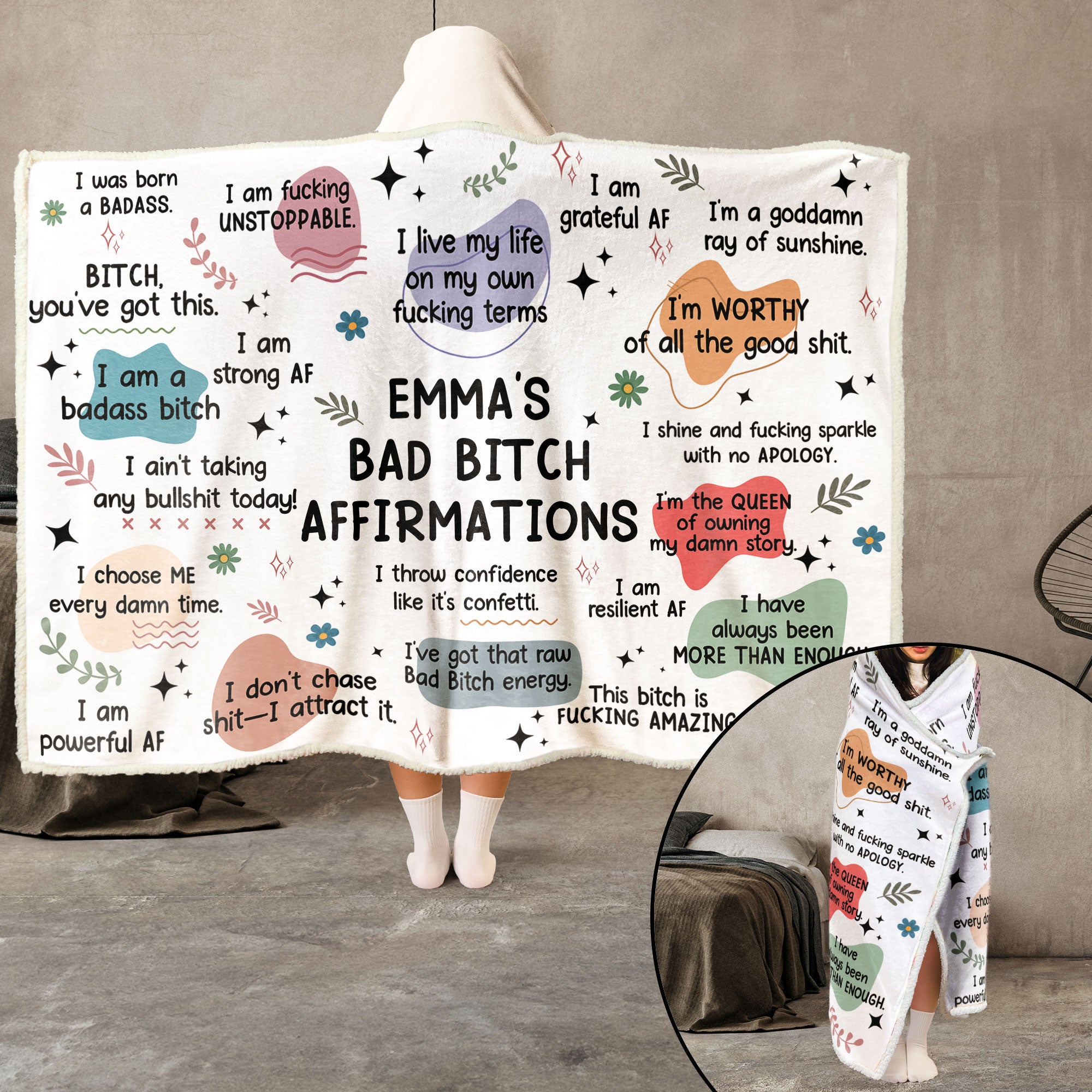 Bad B*tch Affirmations Blanket - Personalized Wearable Blanket Hoodie