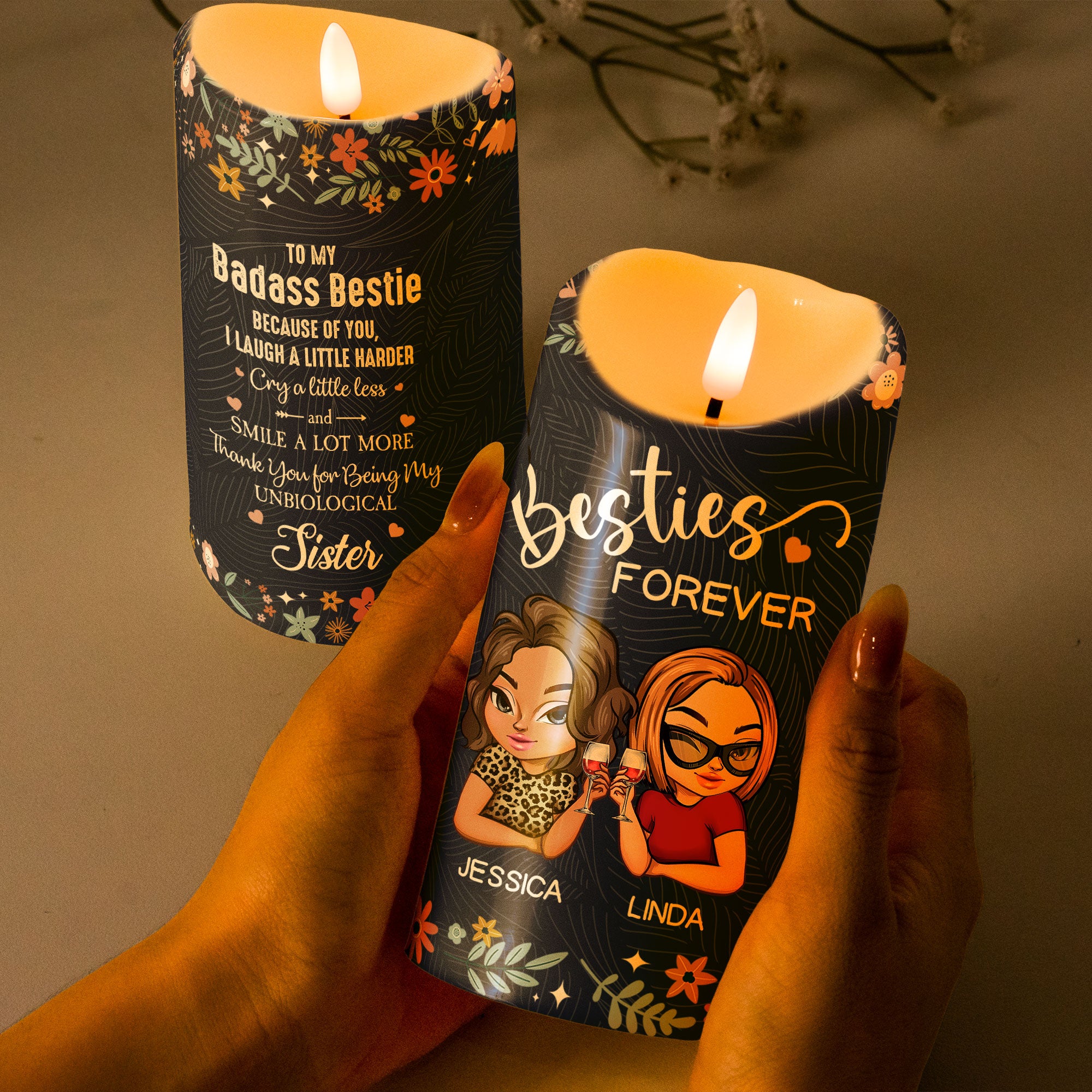 Because Of You I Laugh A Little Harder Friendship Gift - Personalized LED Candle