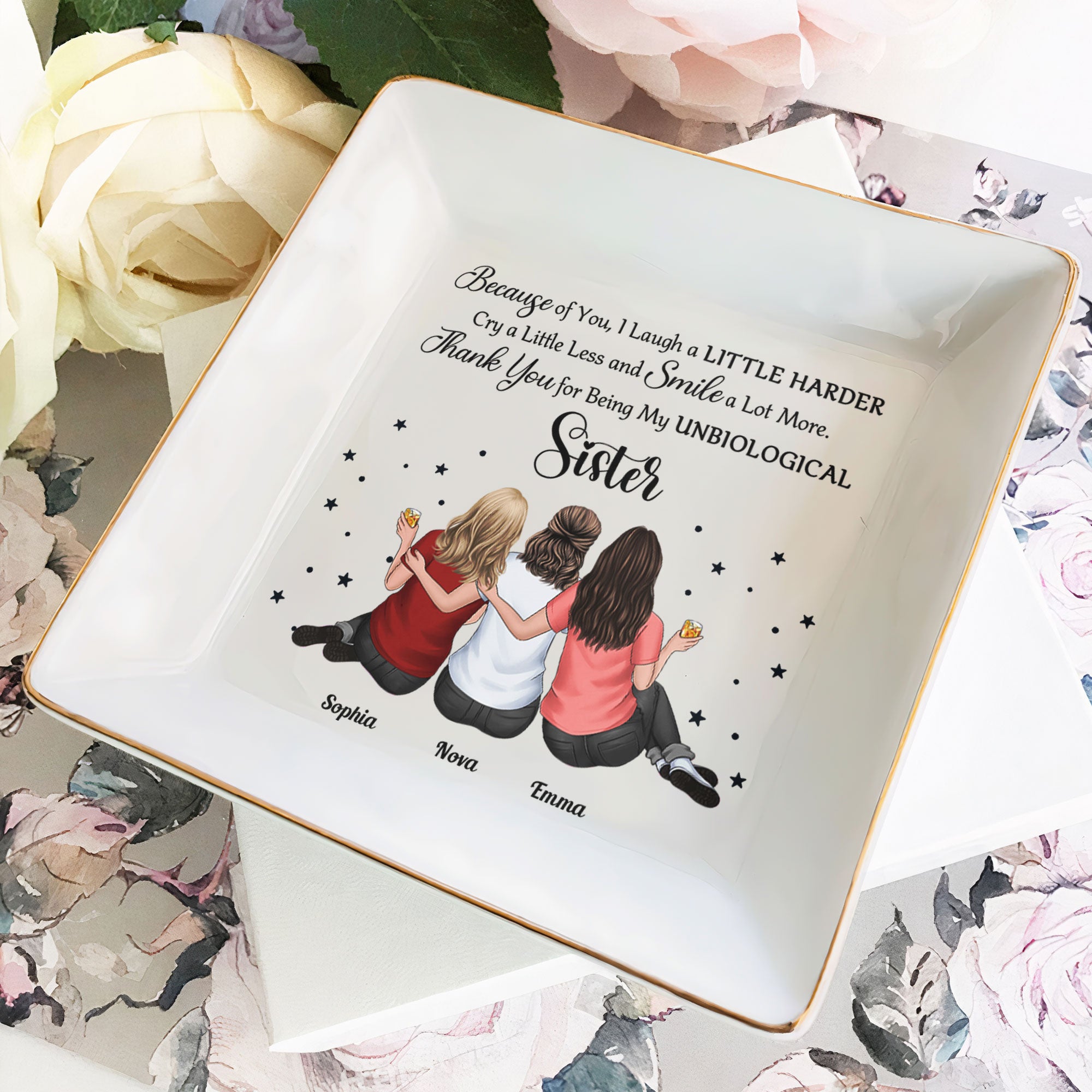 Because Of You, I Laugh A Little Harder Friendship - Personalized Jewelry Dish