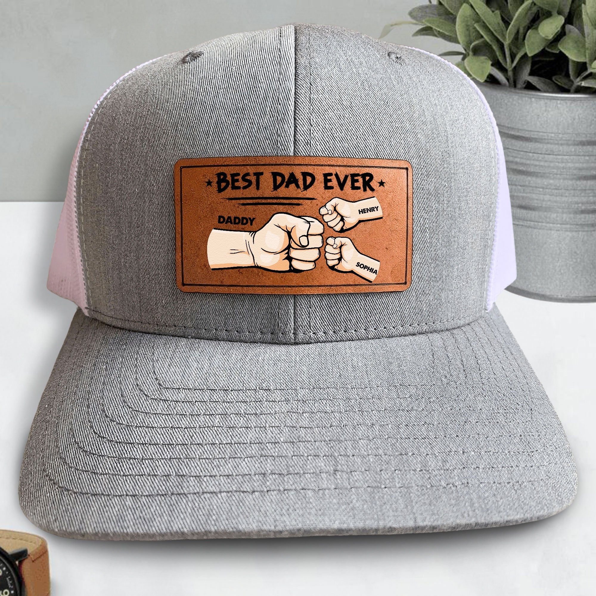 Best Dad Ever - Hands Version - Personalized Leather Patch Hat