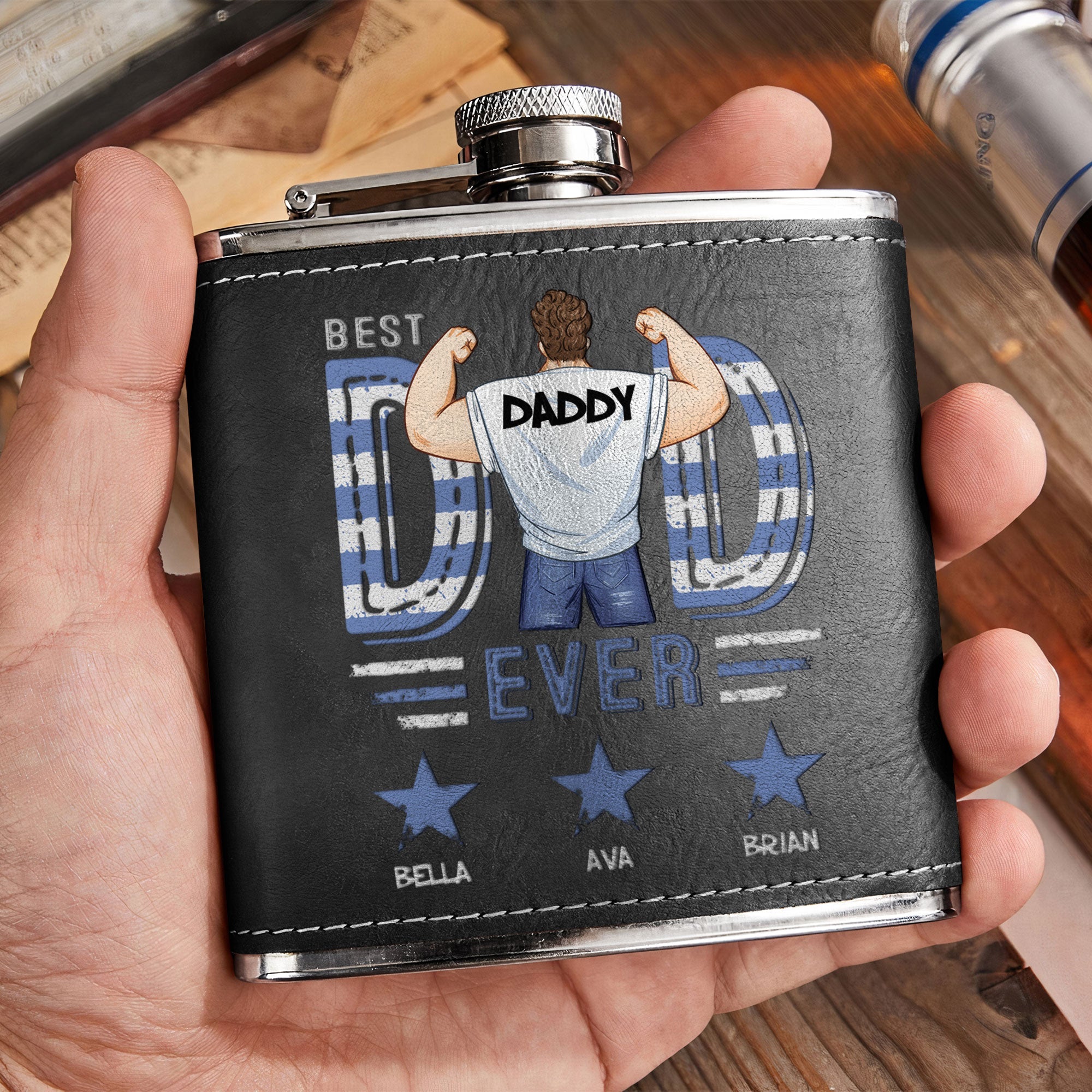 Best Dad Ever Star - Personalized Leather Flask