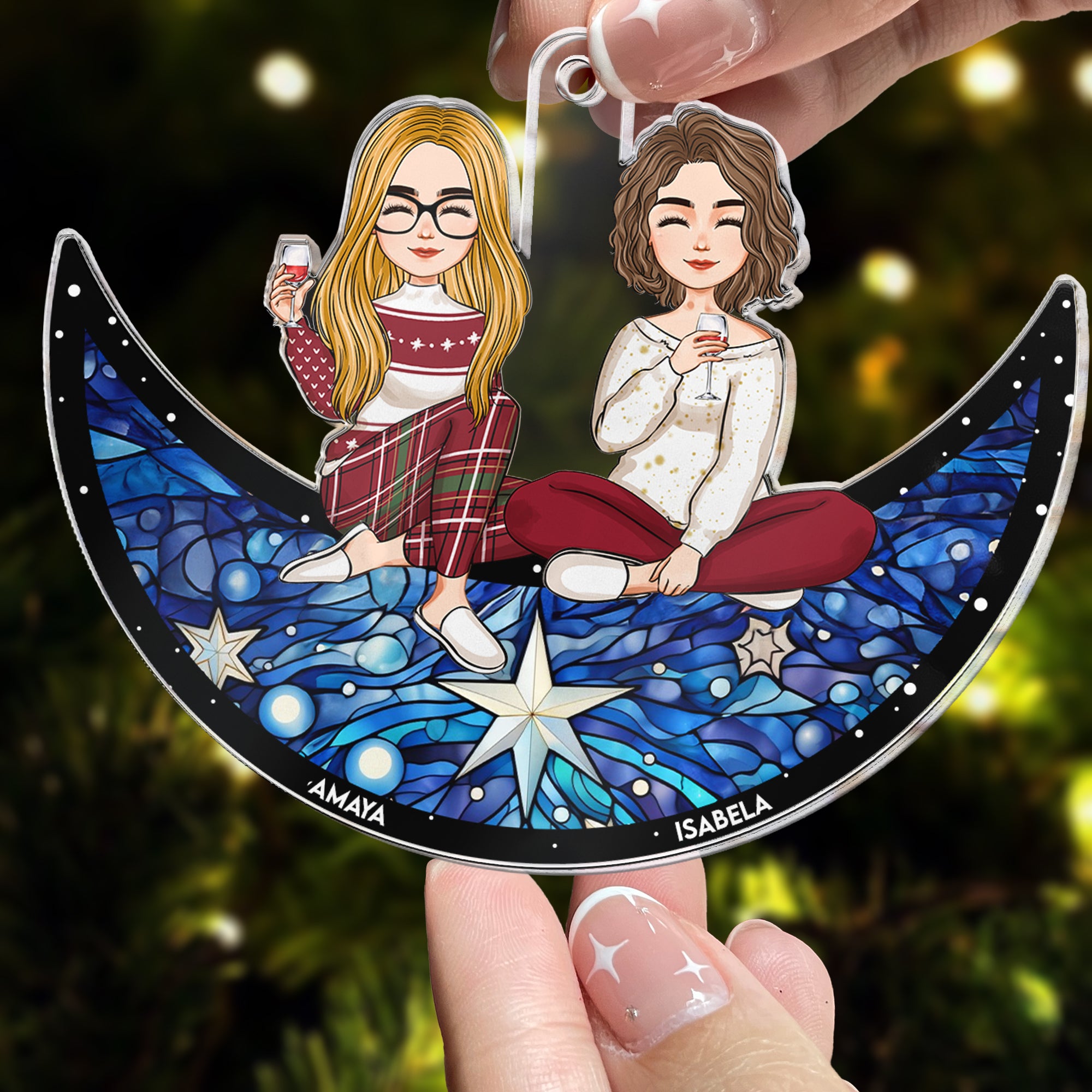 Sisters, Besties Sitting On The Moon - Christmas Time - Personalized Acrylic Ornament