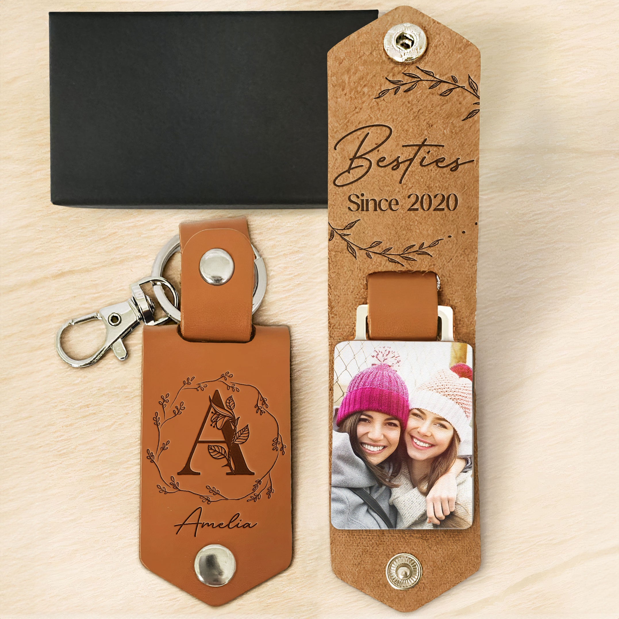 Bestie Since Custom Photo Gift For Friend - Personalized Leather Photo Keychain