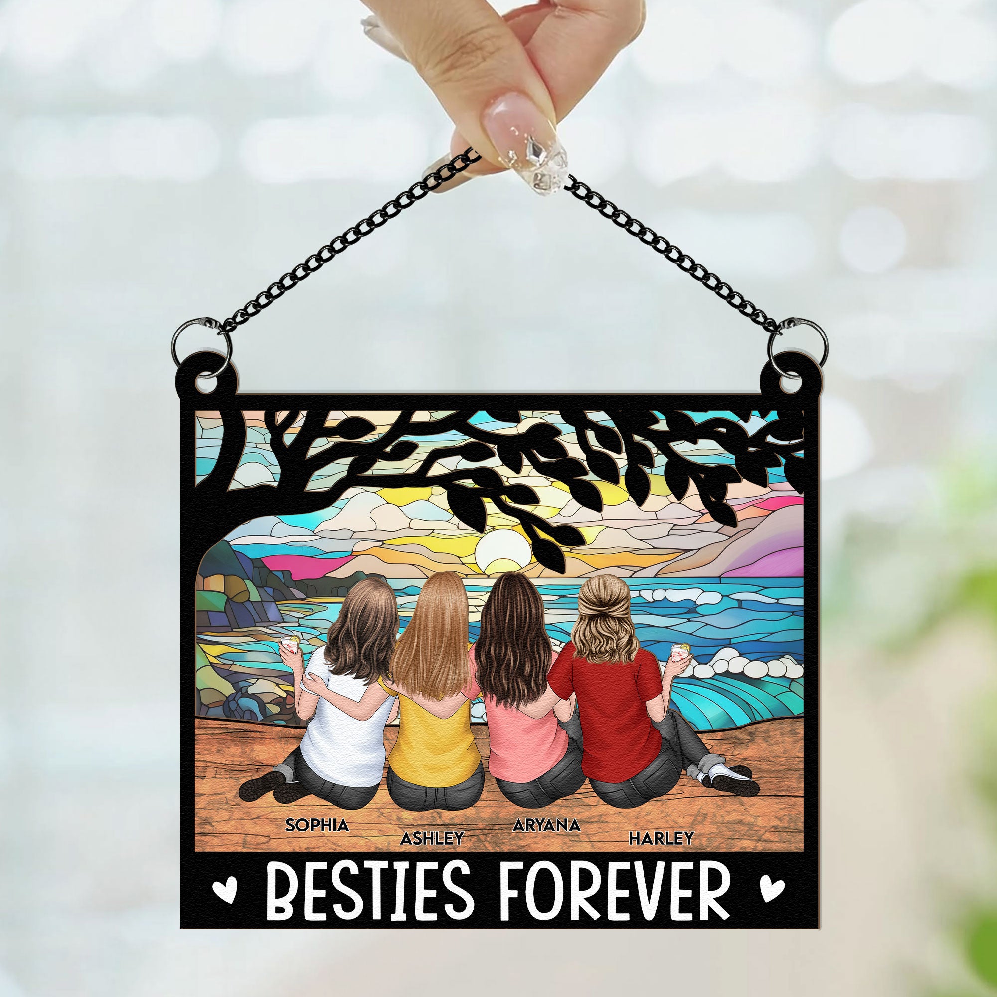 Besties Forever - Tree Version - Personalized Window Hanging Suncatcher Ornament