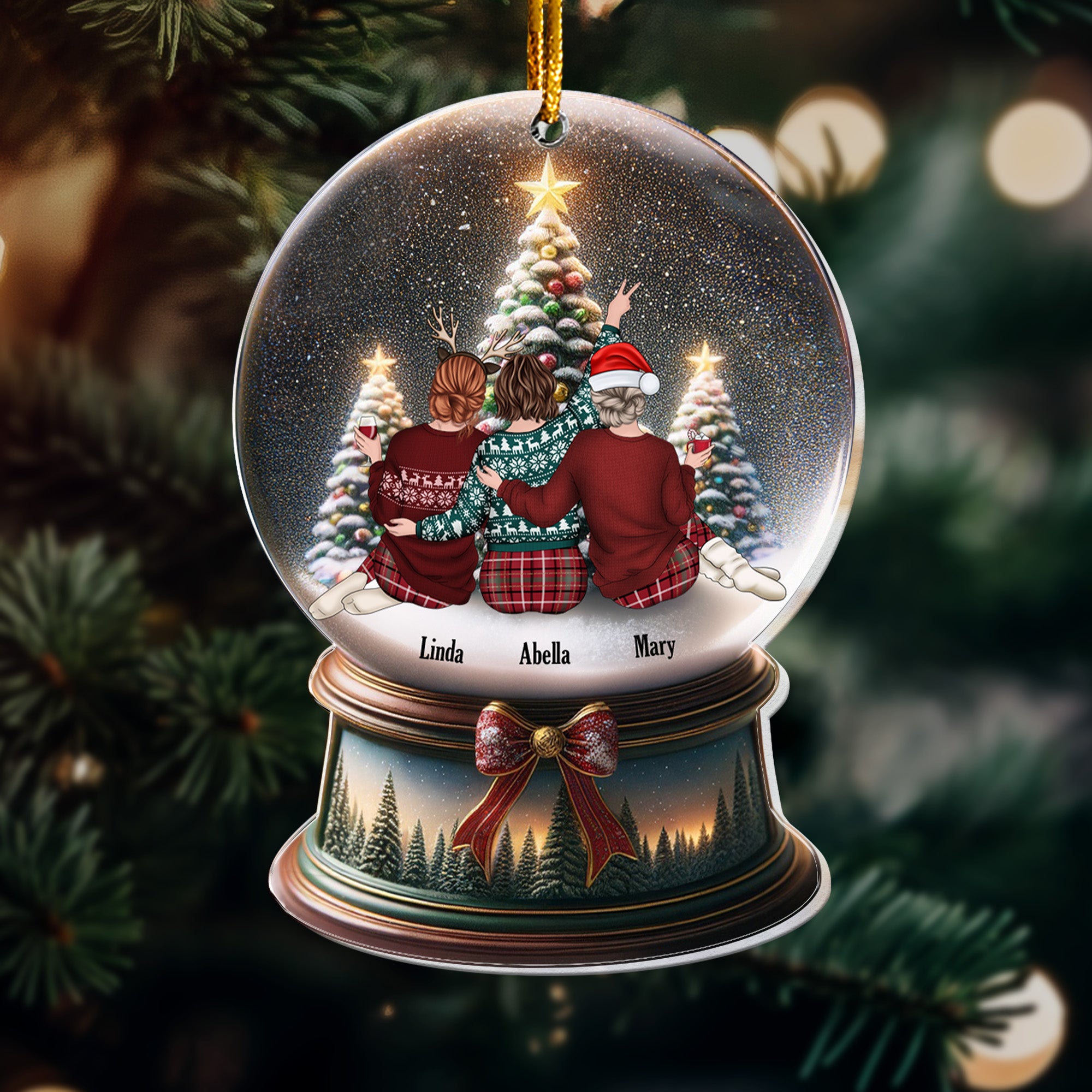 Besties Friends Sitting Together Christmas Snowglobe - Personalized Acrylic Ornament