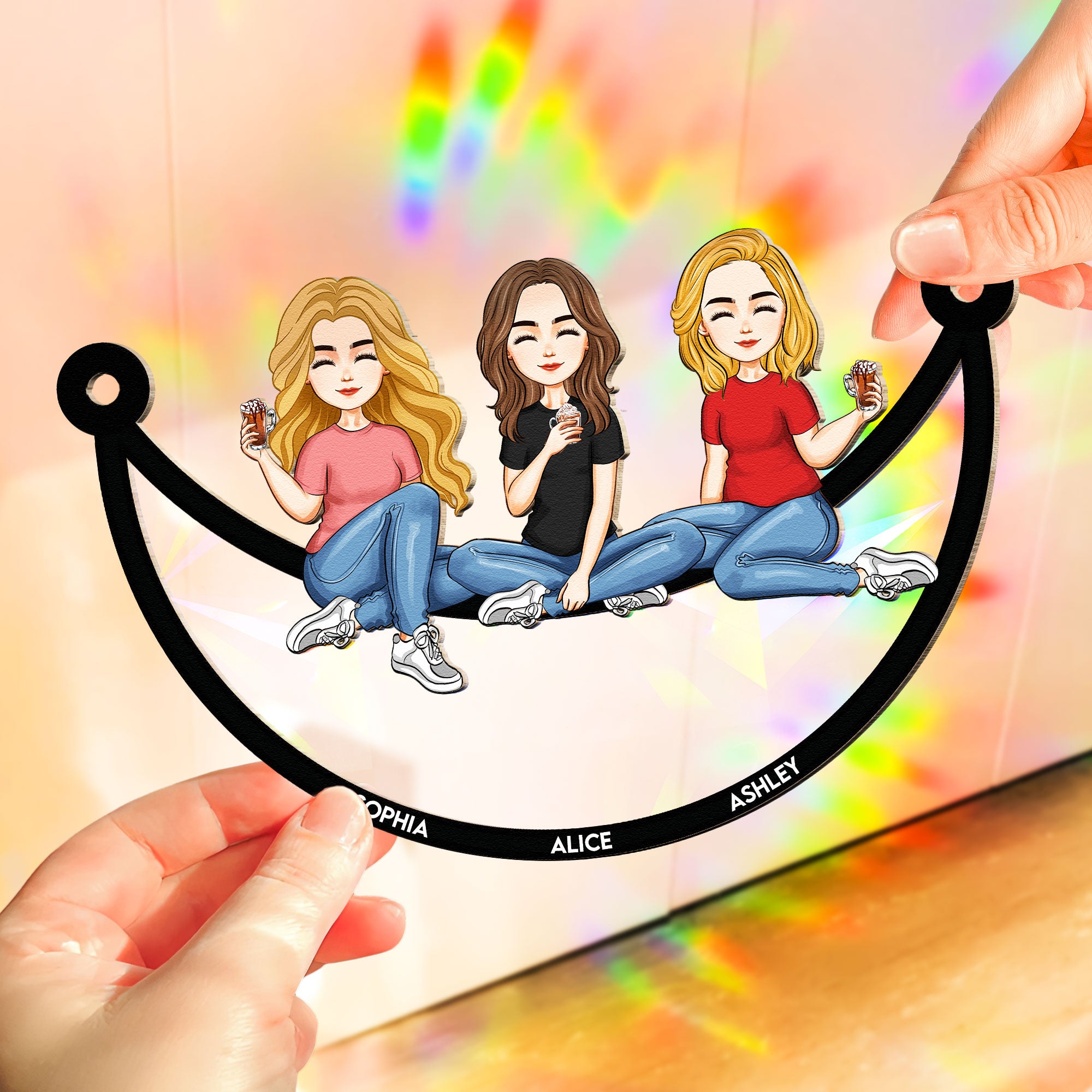 Besties Sitting On The Moon - Cartoon Version - Personalized Rainbow Suncatcher