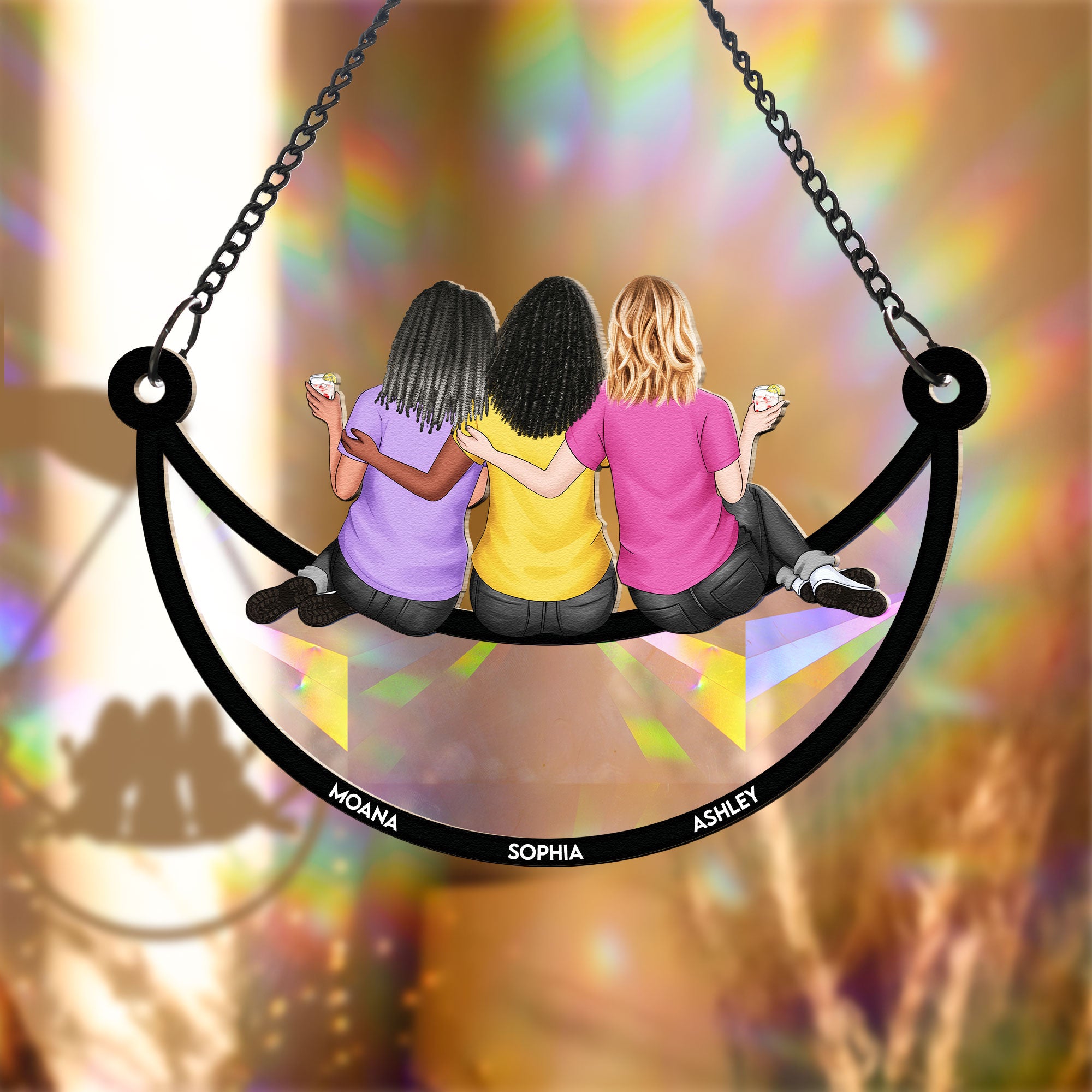 Besties Sitting On The Moon - Personalized Rainbow Suncatcher