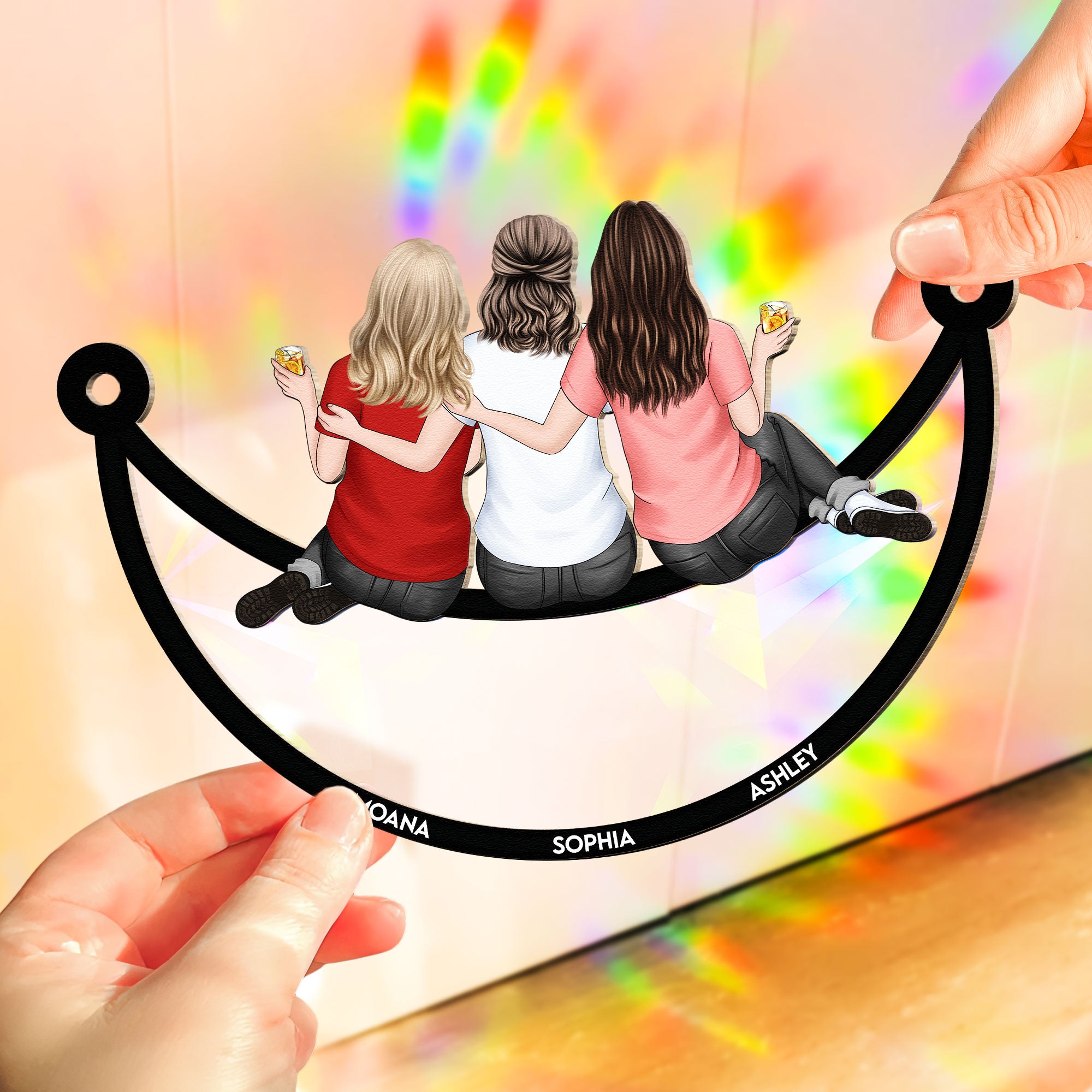 Besties Sitting On The Moon - Personalized Rainbow Suncatcher