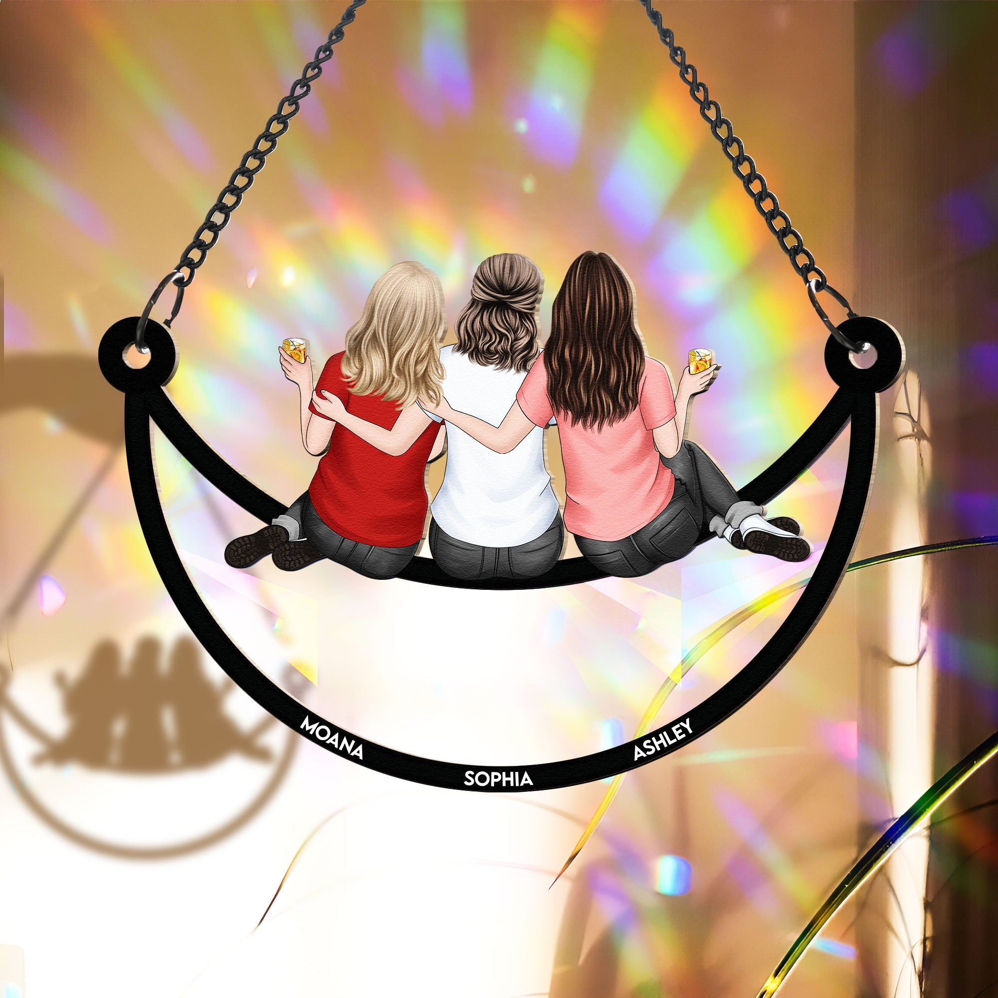 Besties Sitting On The Moon - Personalized Rainbow Suncatcher