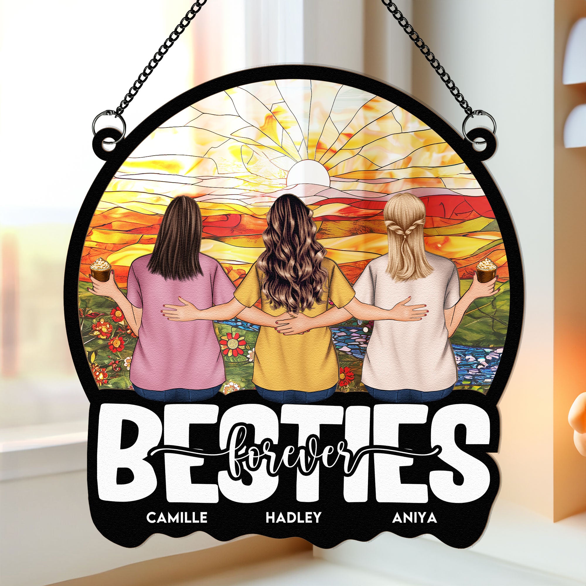 Besties Sitting Together Ver 2 - Personalized Window Hanging Suncatcher Ornament