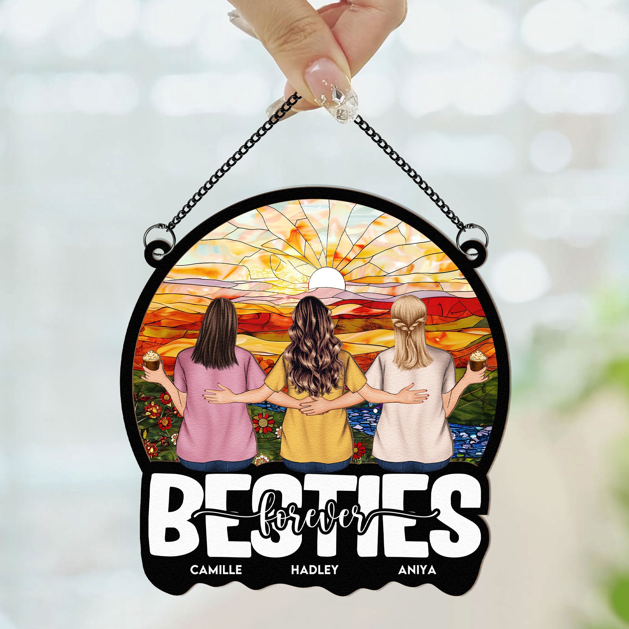 Besties Sitting Together Ver 2 - Personalized Window Hanging Suncatcher Ornament