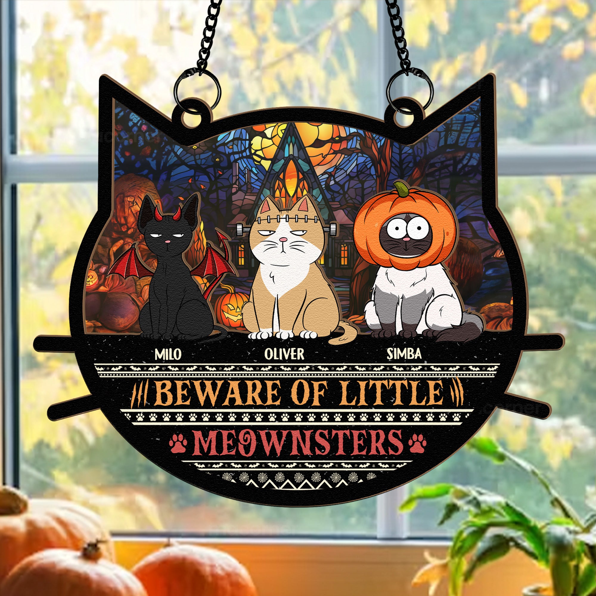 Beware Of Little Meownsters Halloween - Personalized Window Hanging Suncatcher Ornament