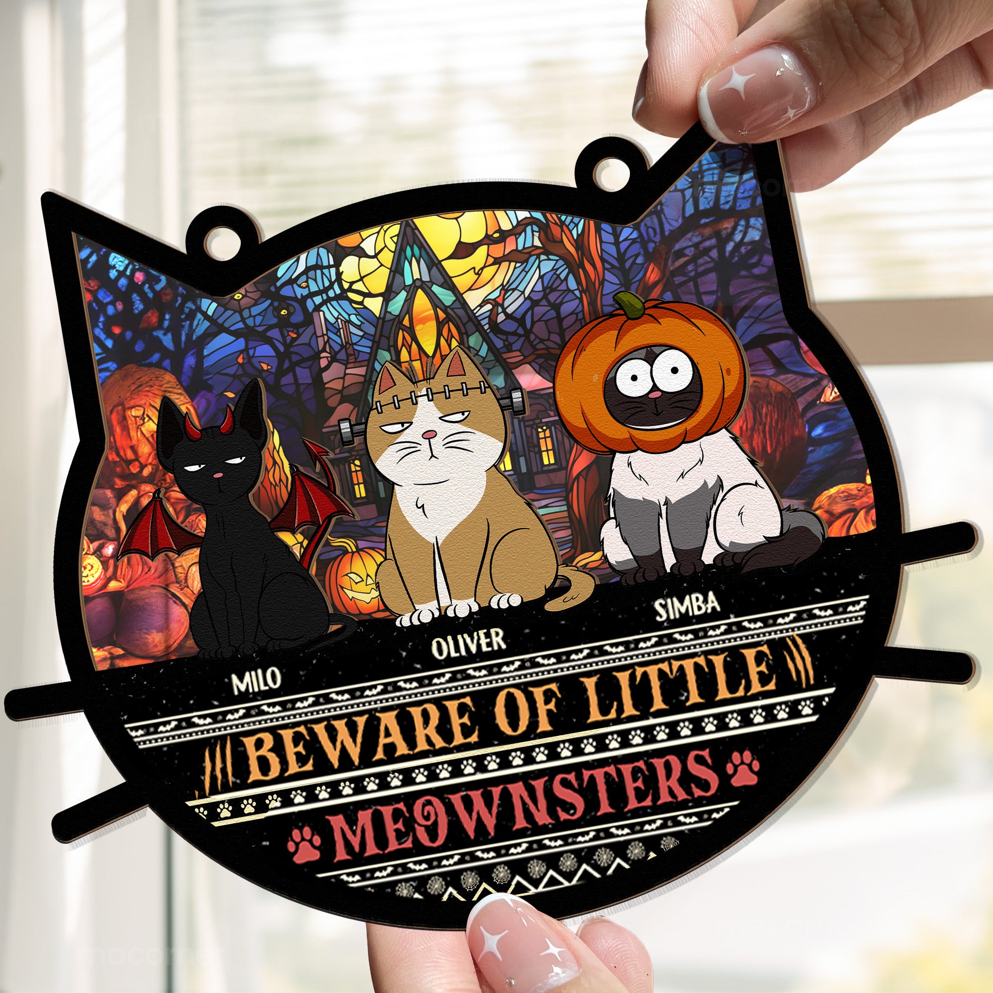 Beware Of Little Meownsters Halloween - Personalized Window Hanging Suncatcher Ornament