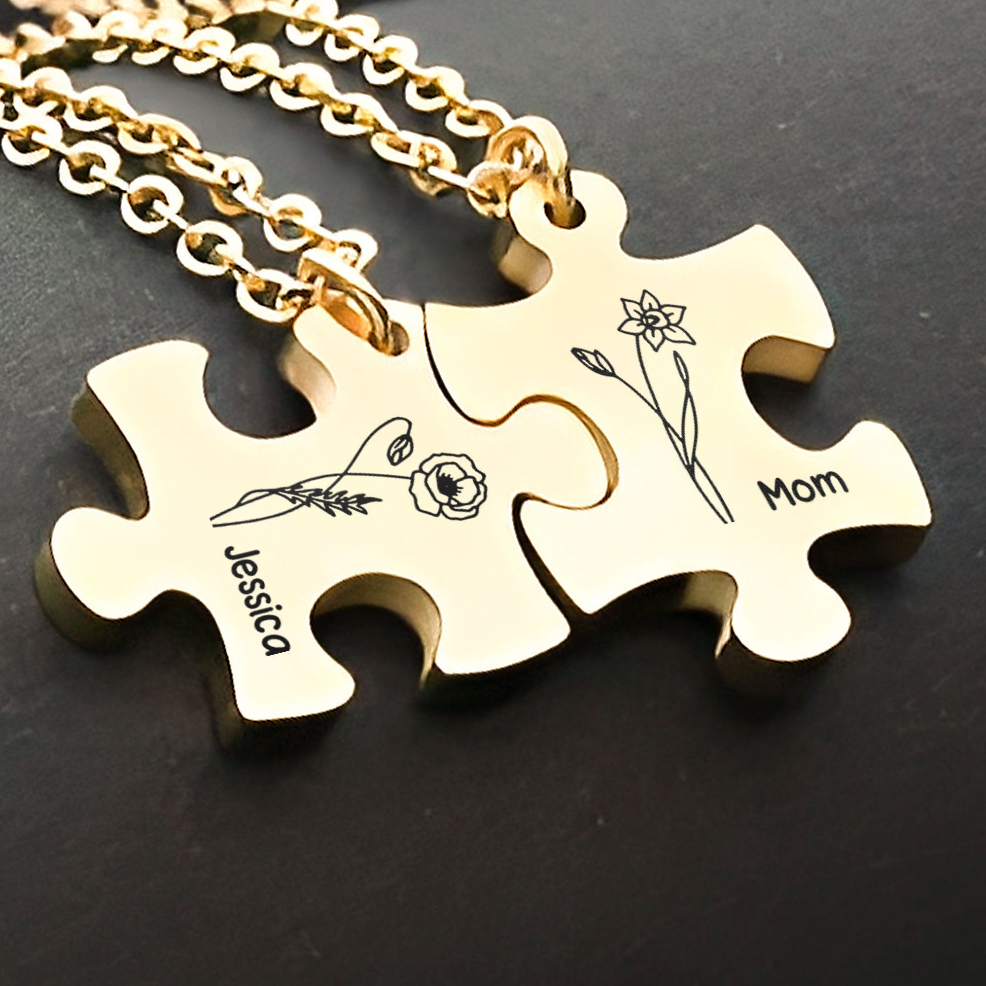 Birth Month Flower And Name - Personalized Engraved Puzzle Necklace